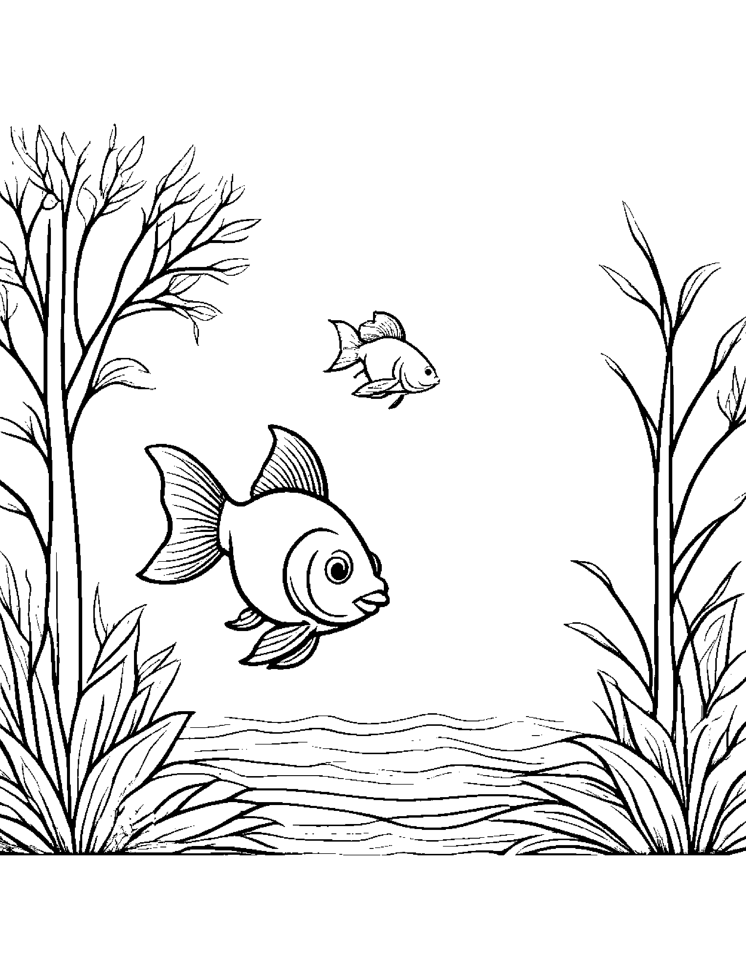 Goldfish Giving A High Five By A Little Tree Coloring Page (Free Printable PDF)