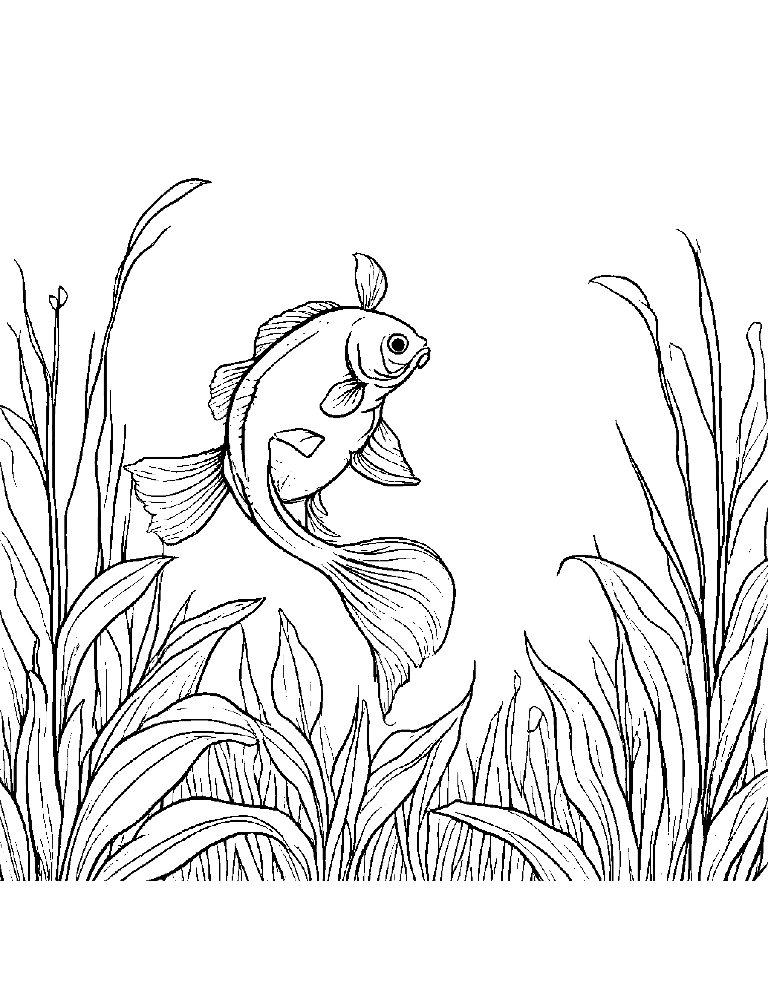 Goldfish With A Leaf Sprig In A Sunny Meadow #2 Coloring Page (Free Printable PDF)