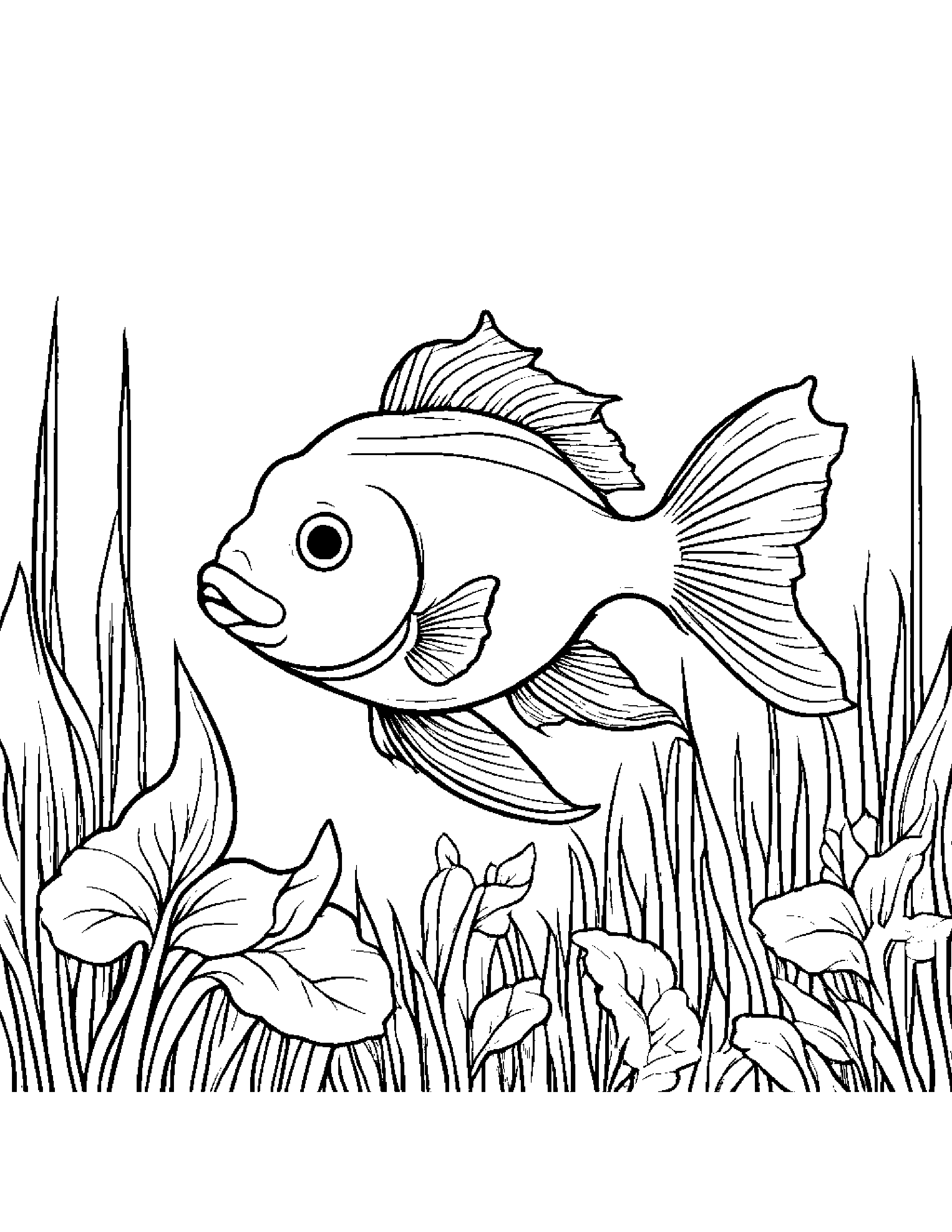 Goldfish With A Leaf Sprig In A Sunny Meadow #3 Coloring Page (Free Printable PDF)