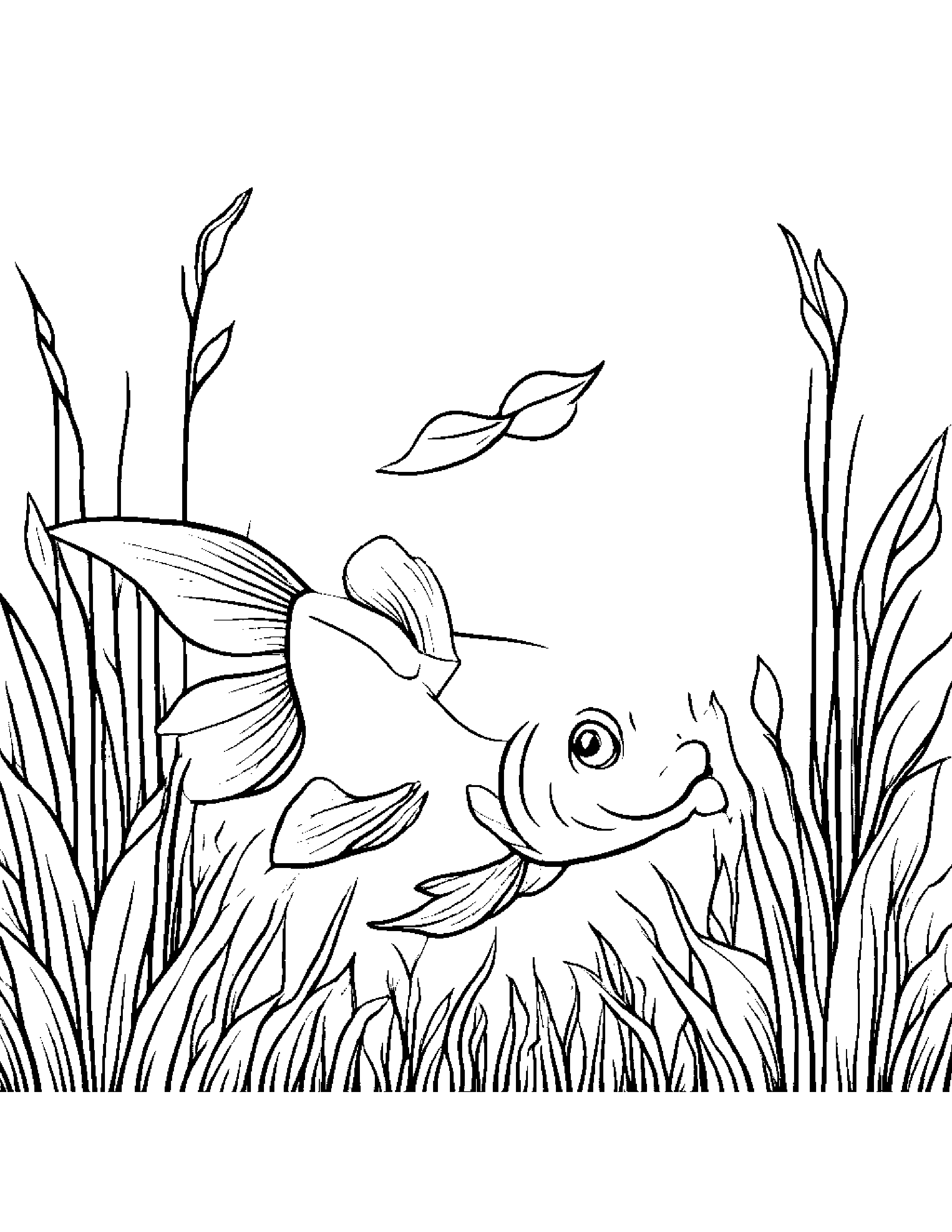 Goldfish With A Leaf Sprig In A Sunny Meadow Coloring Page (Free Printable PDF)