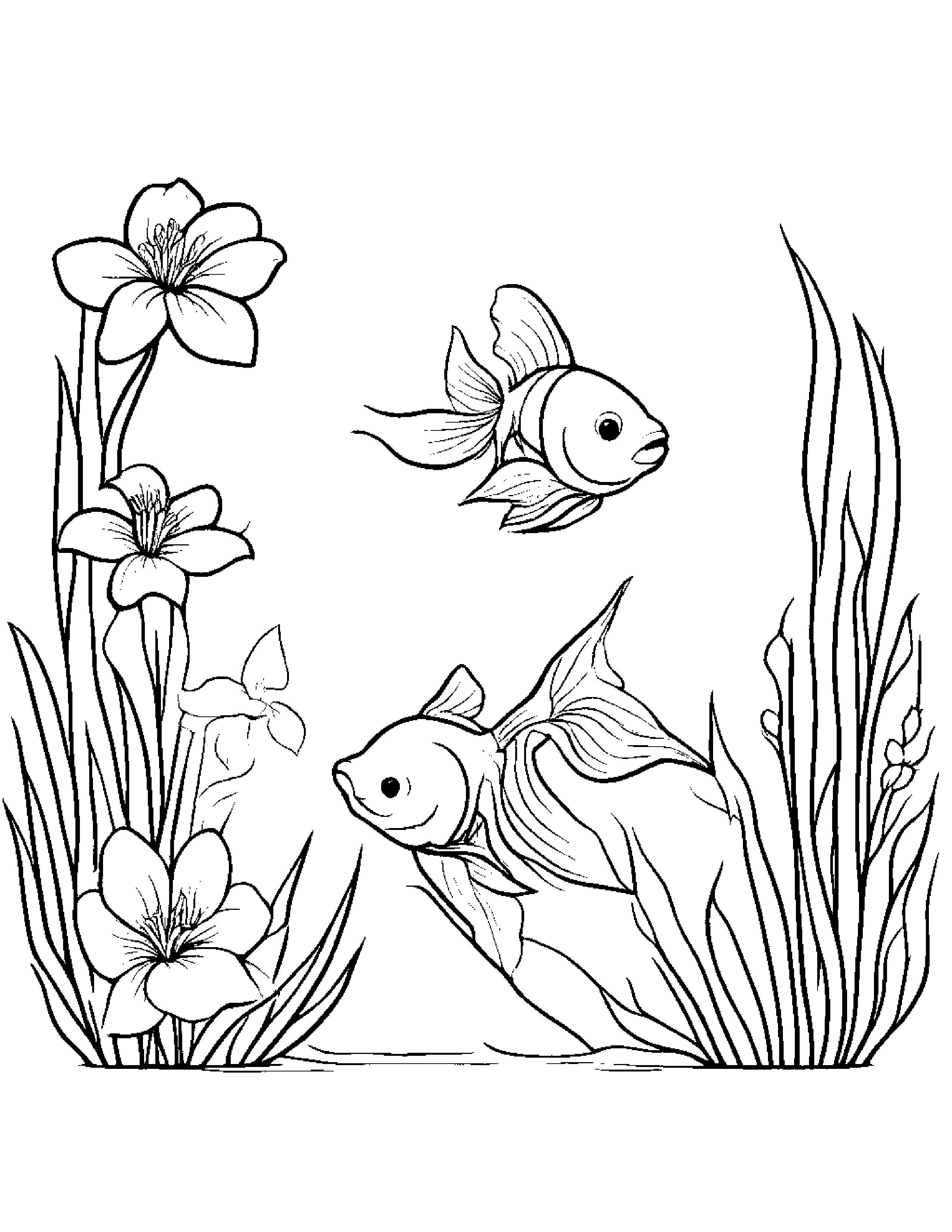 Goldfish With A Small Flower #2 Coloring Page (Free Printable PDF)