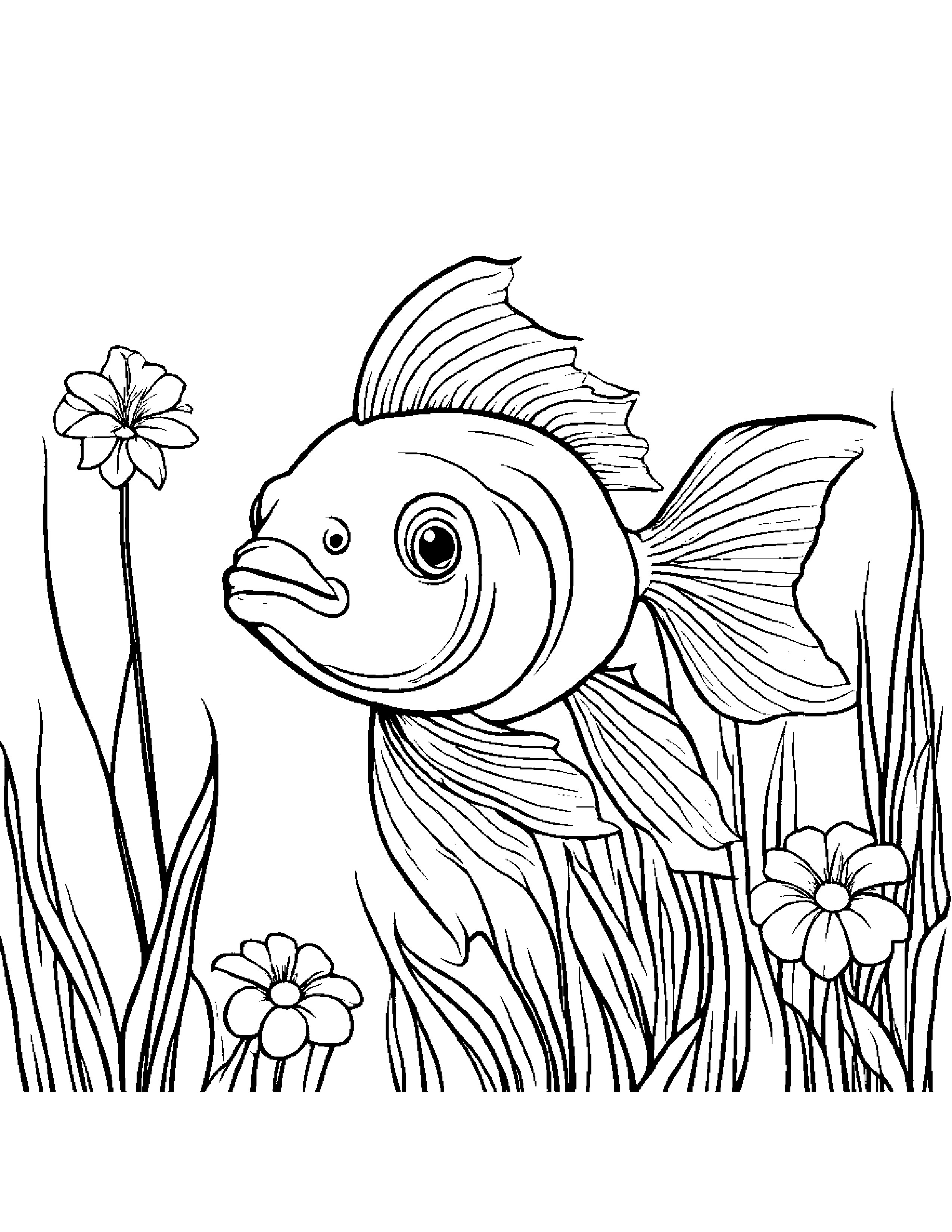 Goldfish With A Small Flower #3 Coloring Page (Free Printable PDF)