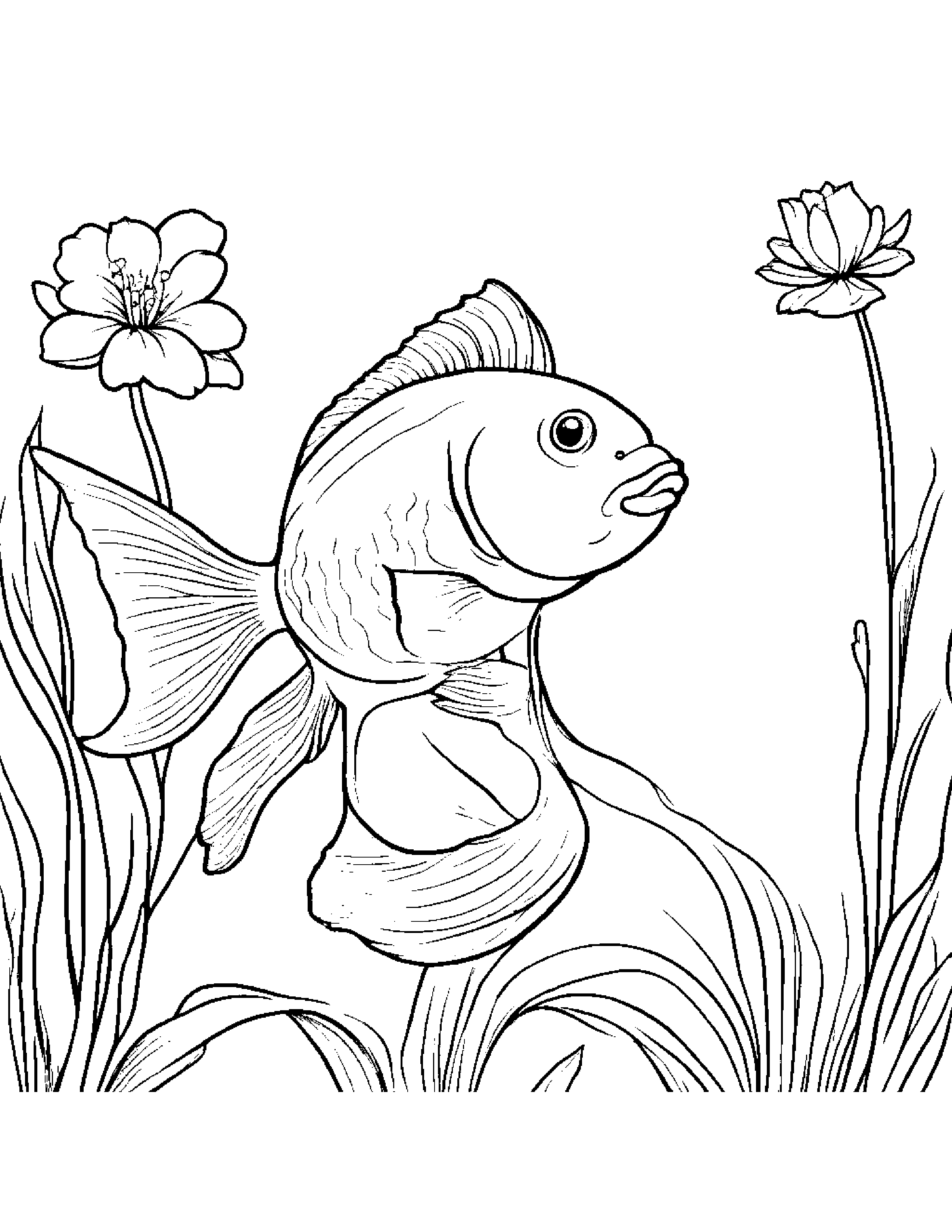 Goldfish With A Small Flower Coloring Page (Free Printable PDF)