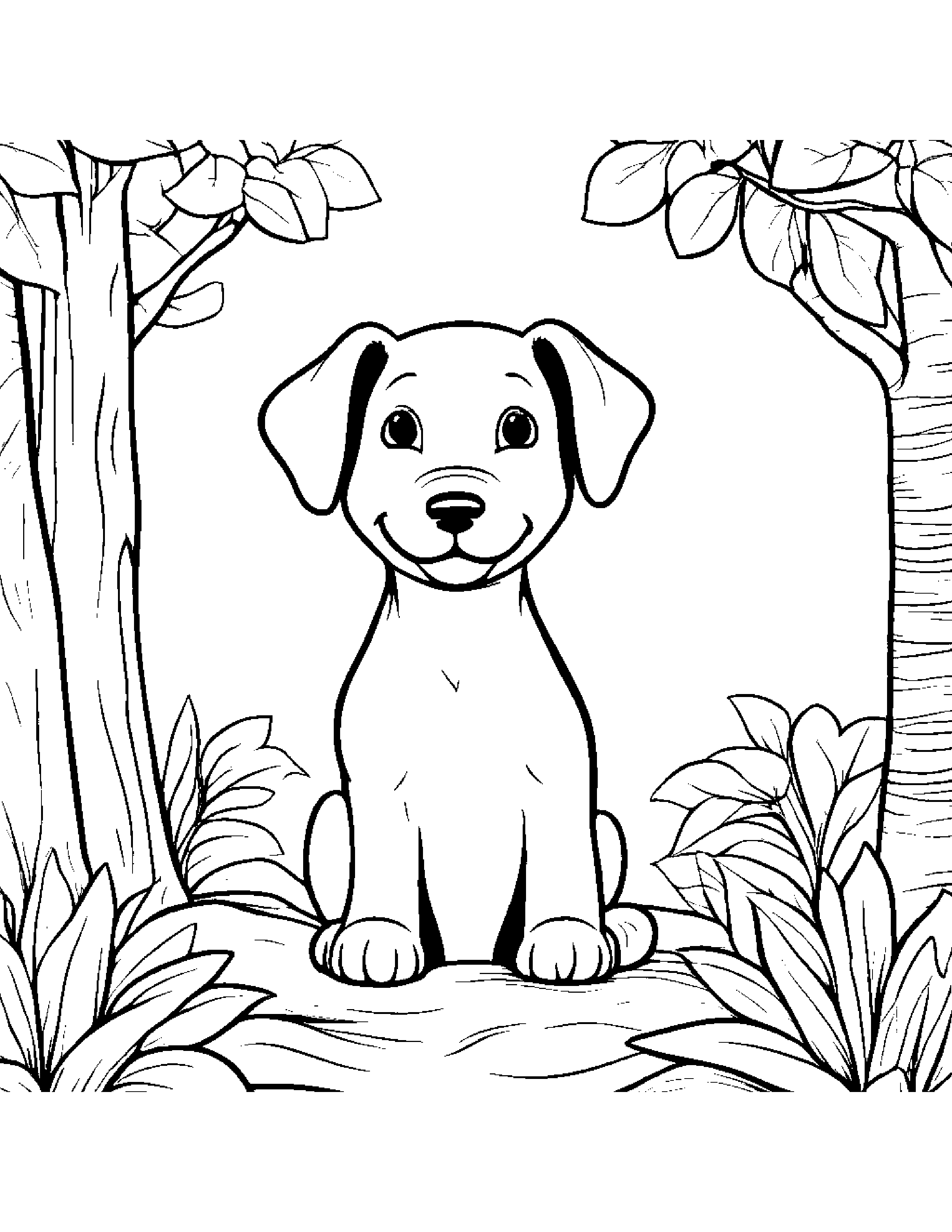 Jolly Puppy Dog By A Little Tree #2 Coloring Page (Free Printable PDF)