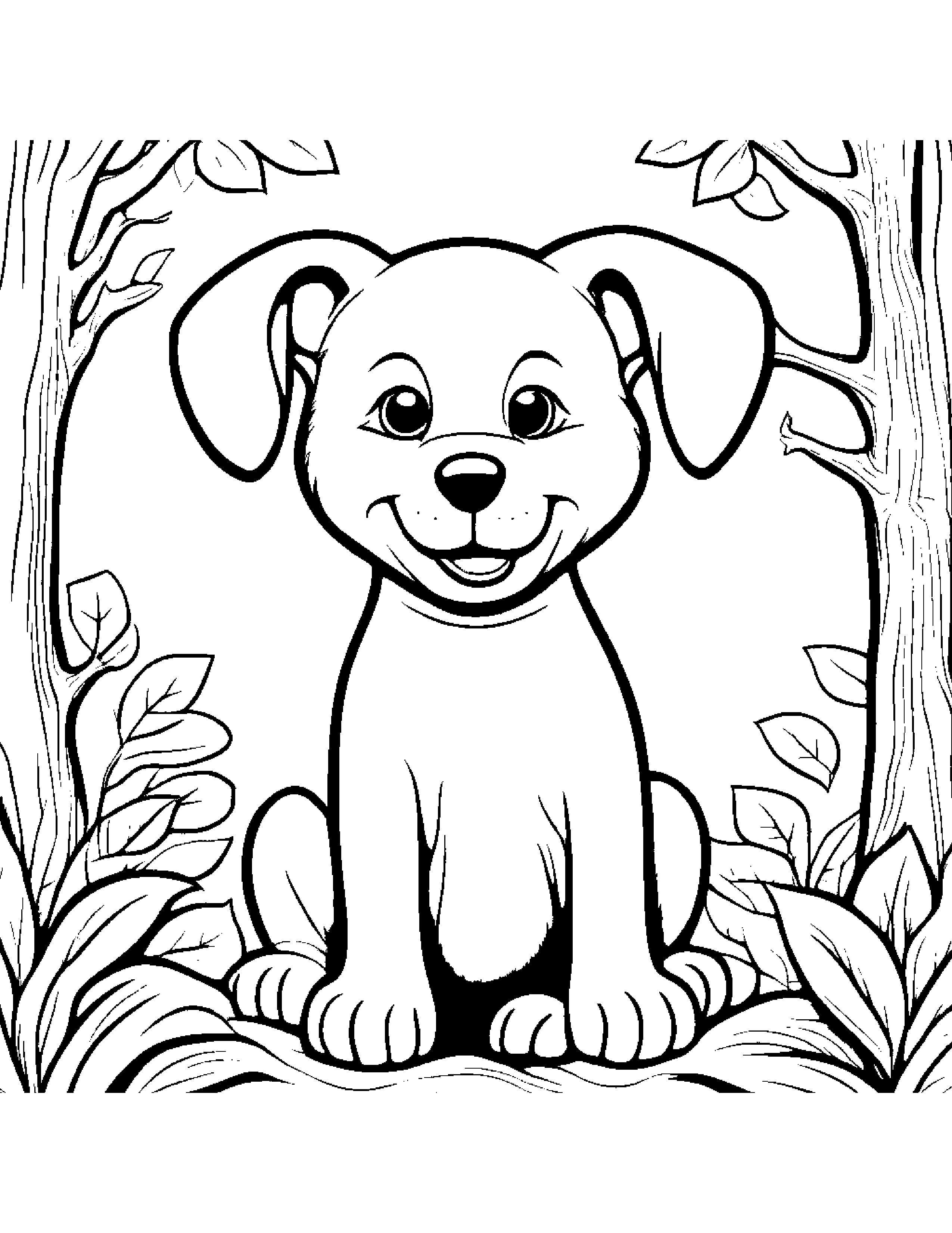Jolly Puppy Dog By A Little Tree #3 Coloring Page (Free Printable PDF)
