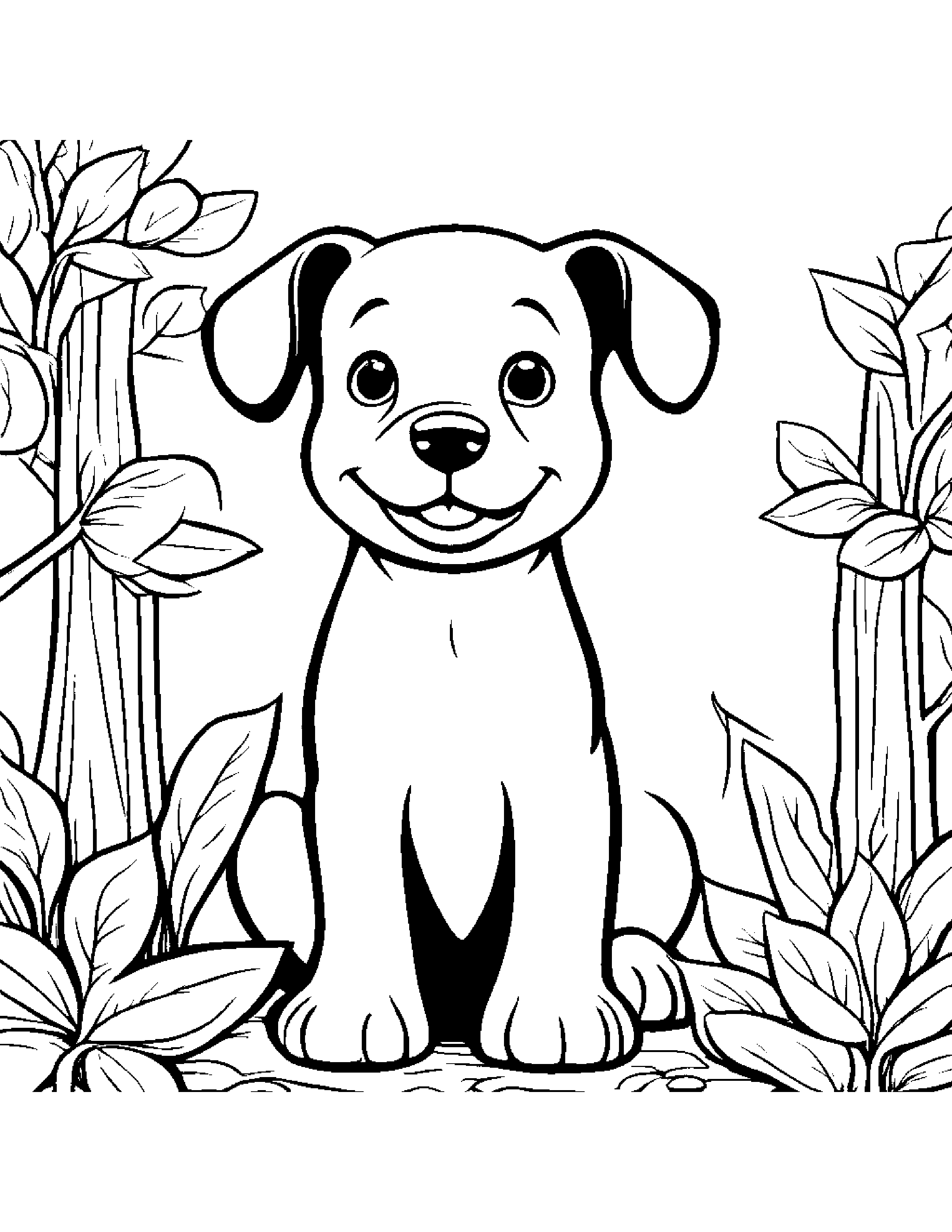 Jolly Puppy Dog By A Little Tree Coloring Page (Free Printable PDF)