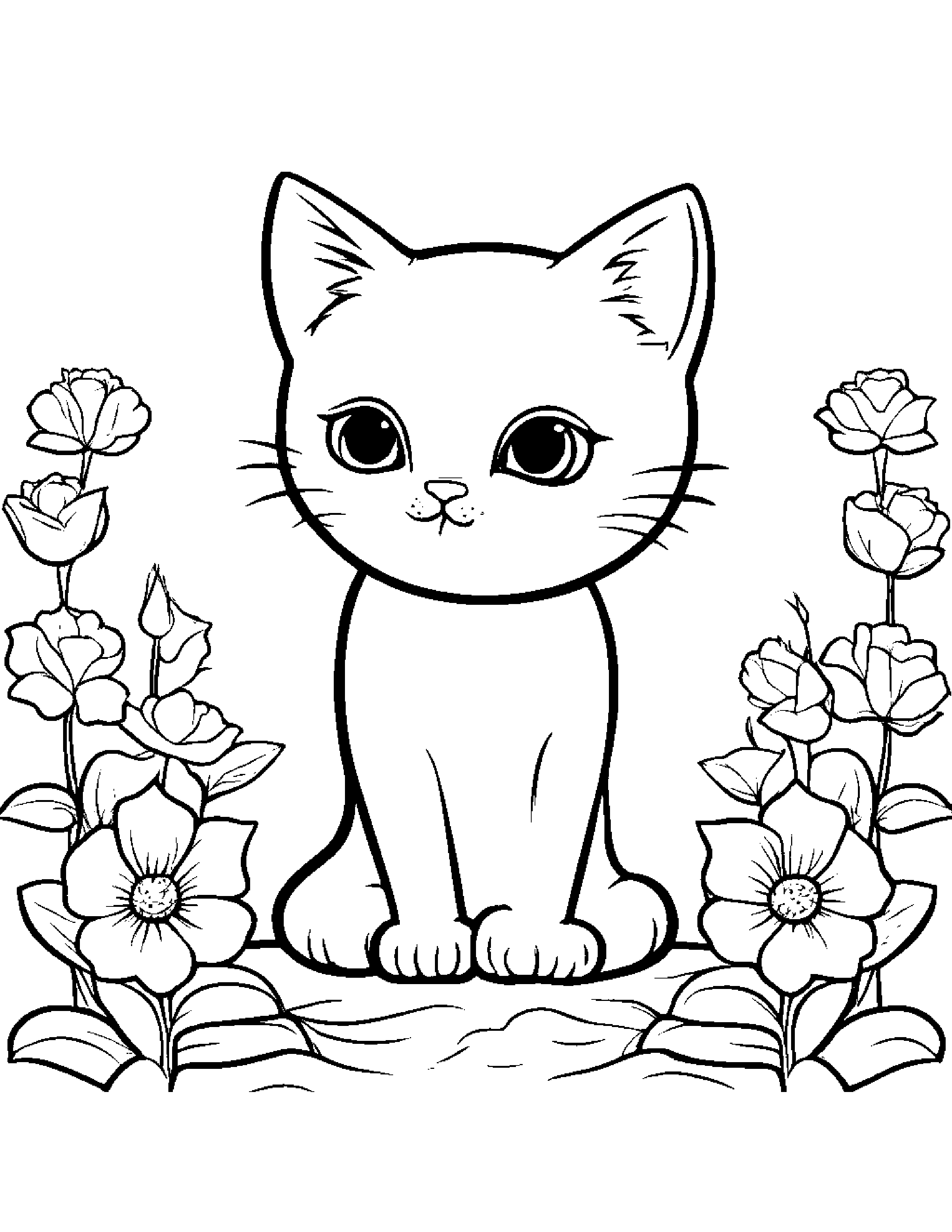 Kitty With A Small Flower Coloring Page (Free Printable PDF)