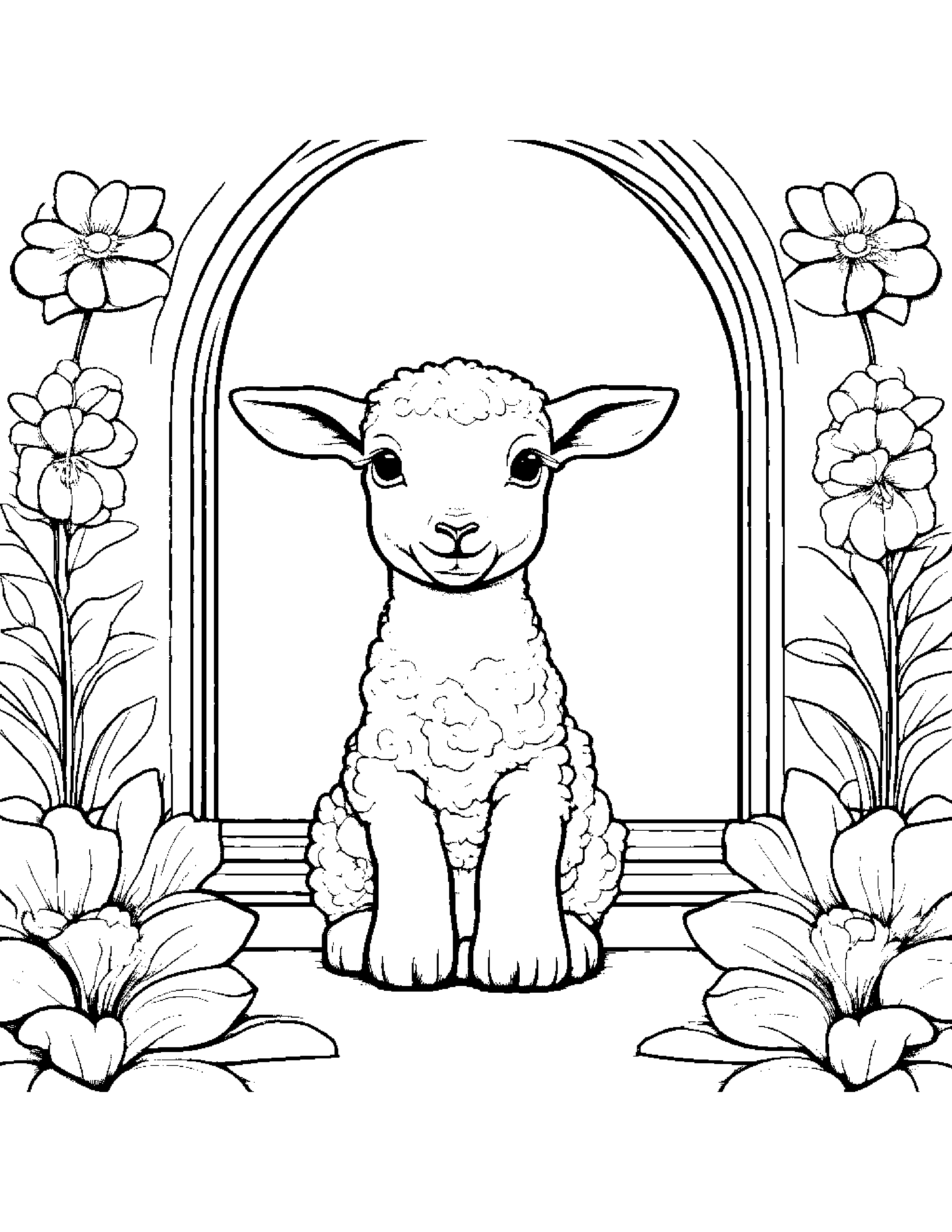 Lamb With A Small Flower By A Reading Nook #2 Coloring Page (Free Printable PDF)
