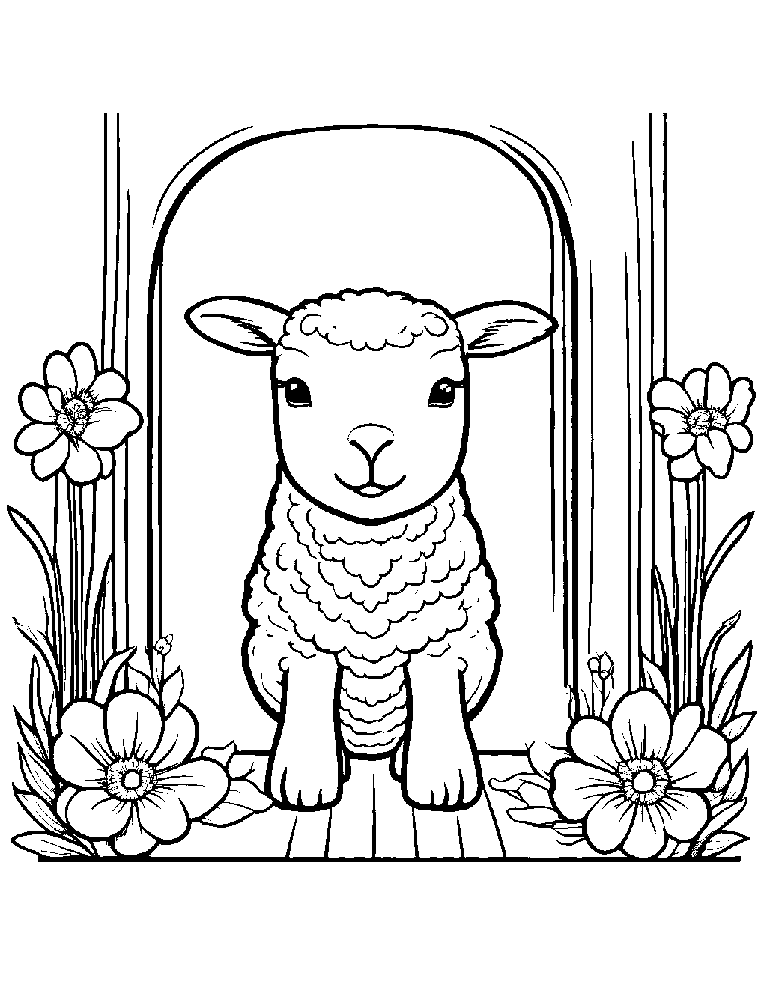 Lamb With A Small Flower By A Reading Nook #3 Coloring Page (Free Printable PDF)