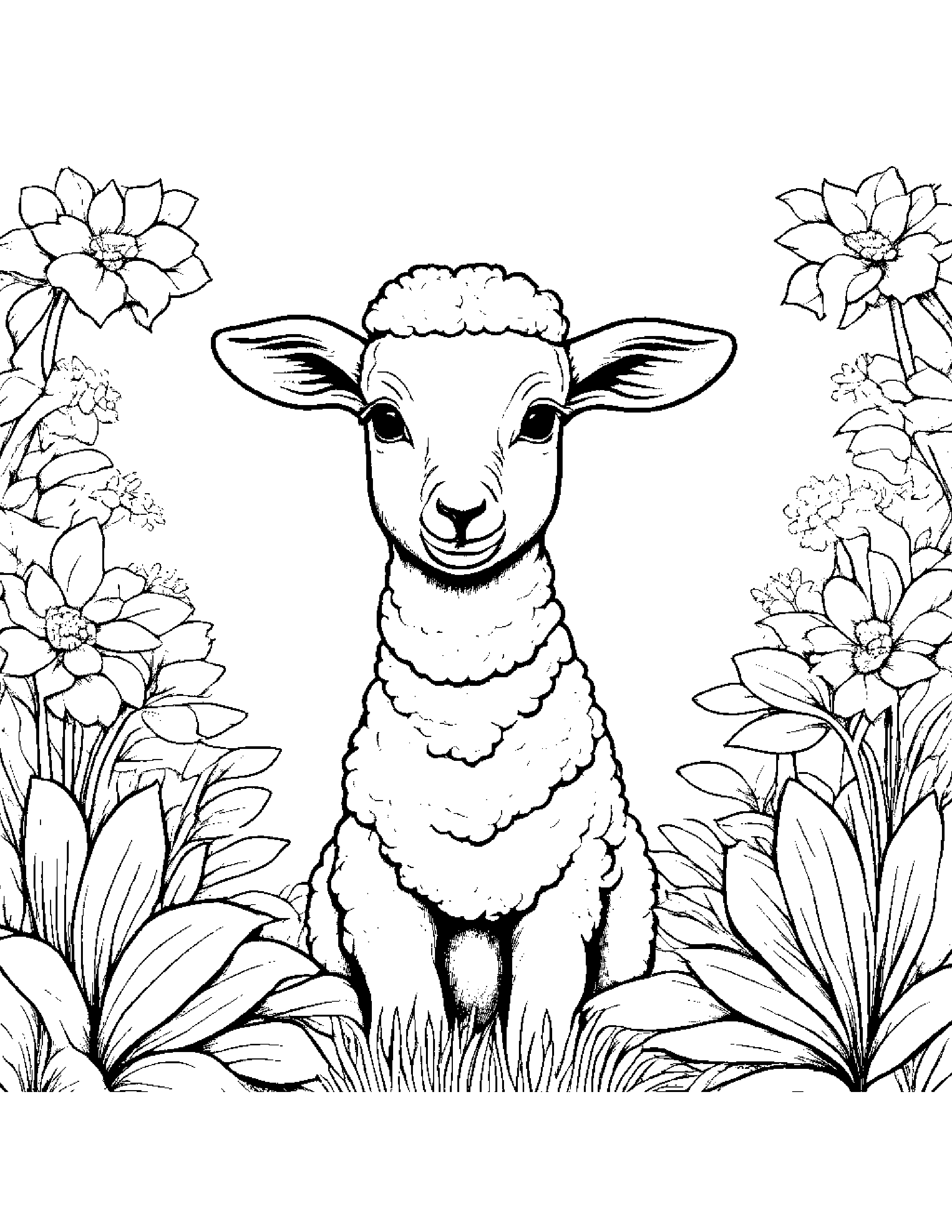 Lamb With A Soft Scarf In A Cozy Garden #2 Coloring Page (Free Printable PDF)