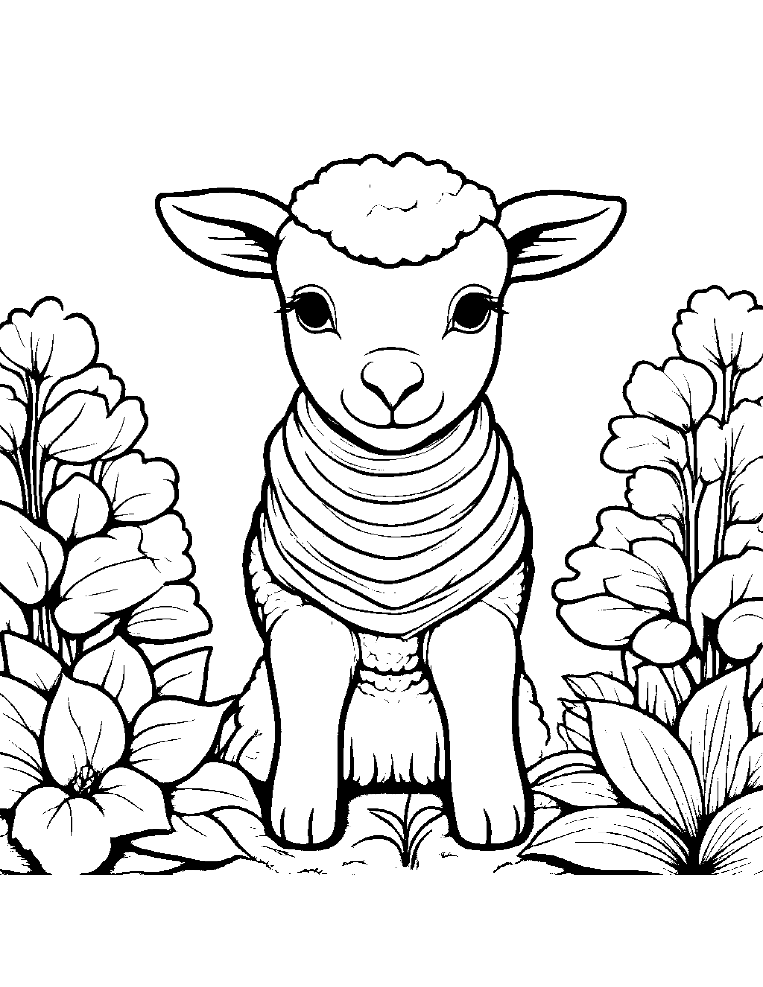 Lamb With A Soft Scarf In A Cozy Garden #3 Coloring Page (Free Printable PDF)