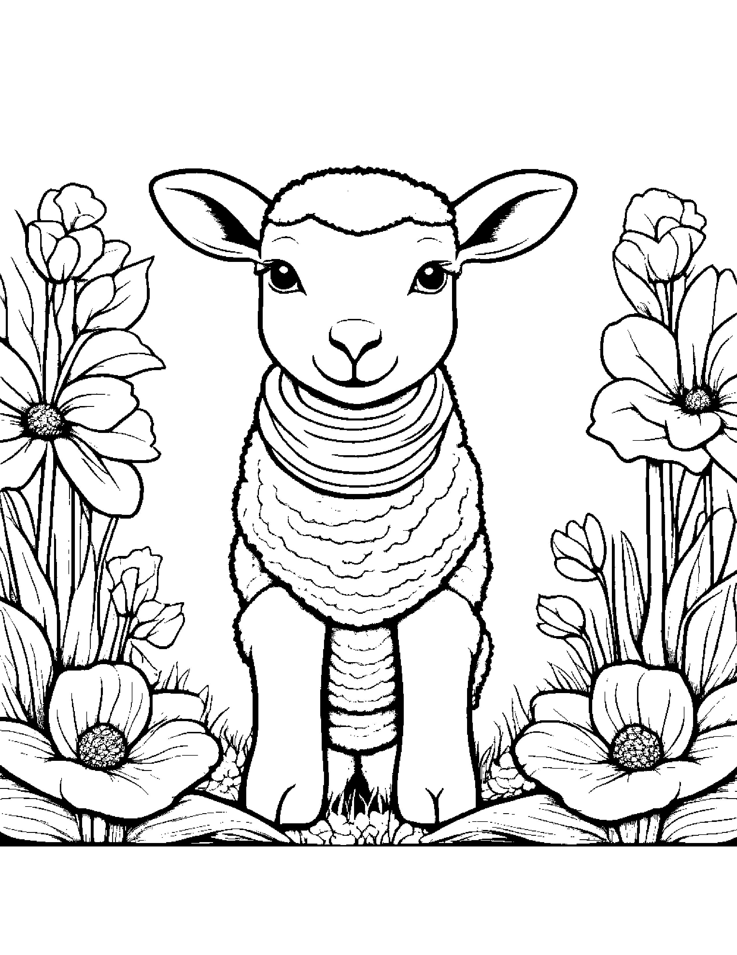 Lamb With A Soft Scarf In A Cozy Garden Coloring Page (Free Printable PDF)