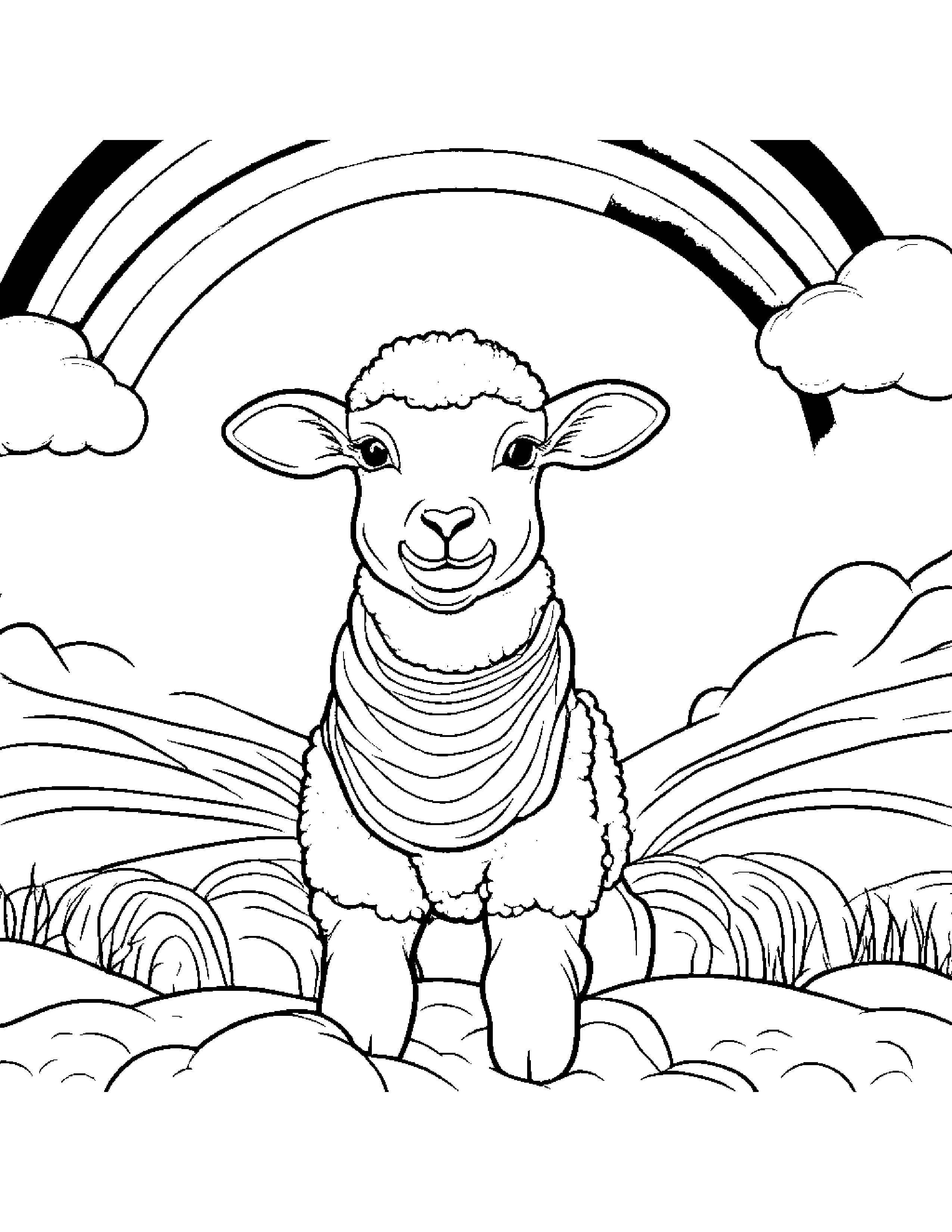 Lamb With A Soft Scarf Under A Rainbow #2 Coloring Page (Free Printable PDF)