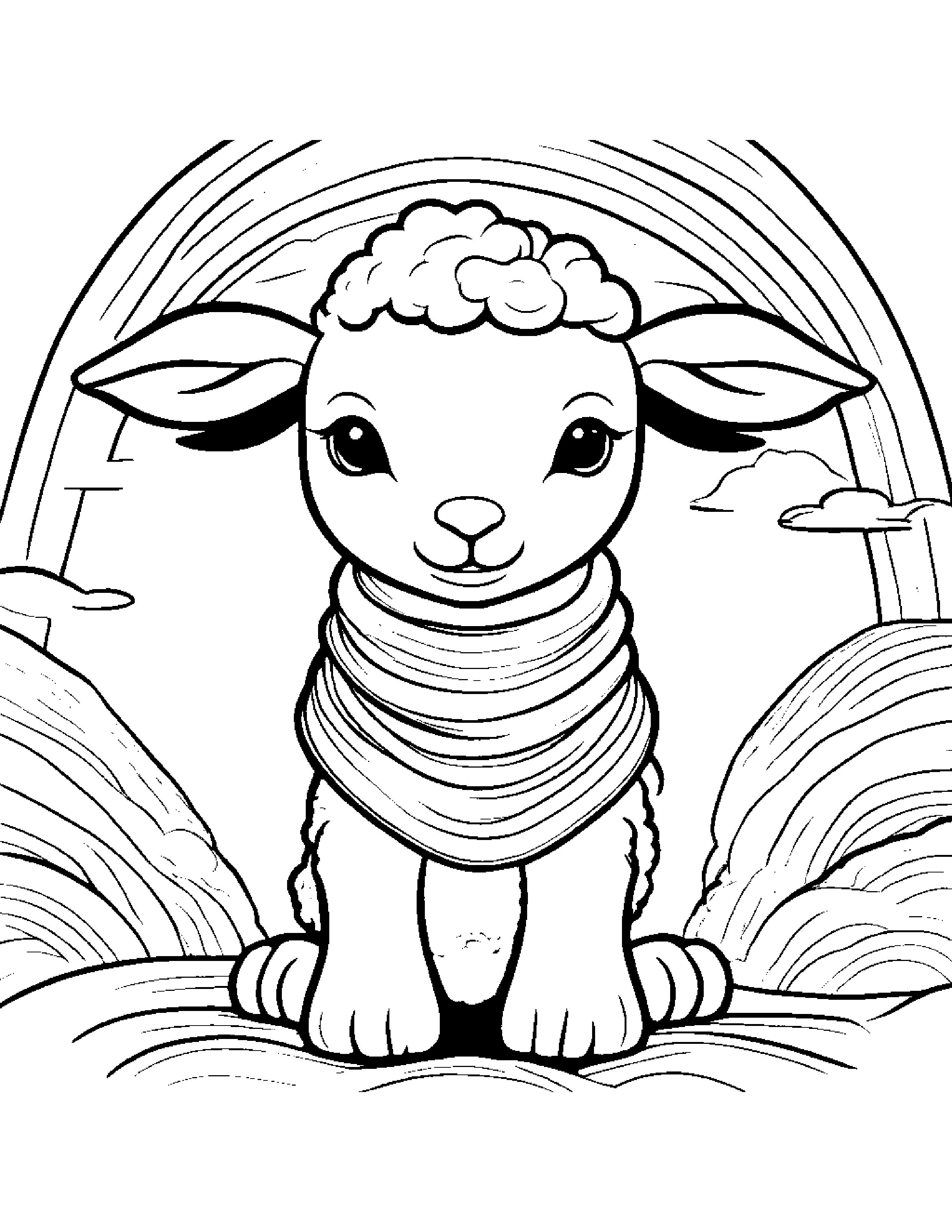 Lamb With A Soft Scarf Under A Rainbow #3 Coloring Page (Free Printable PDF)