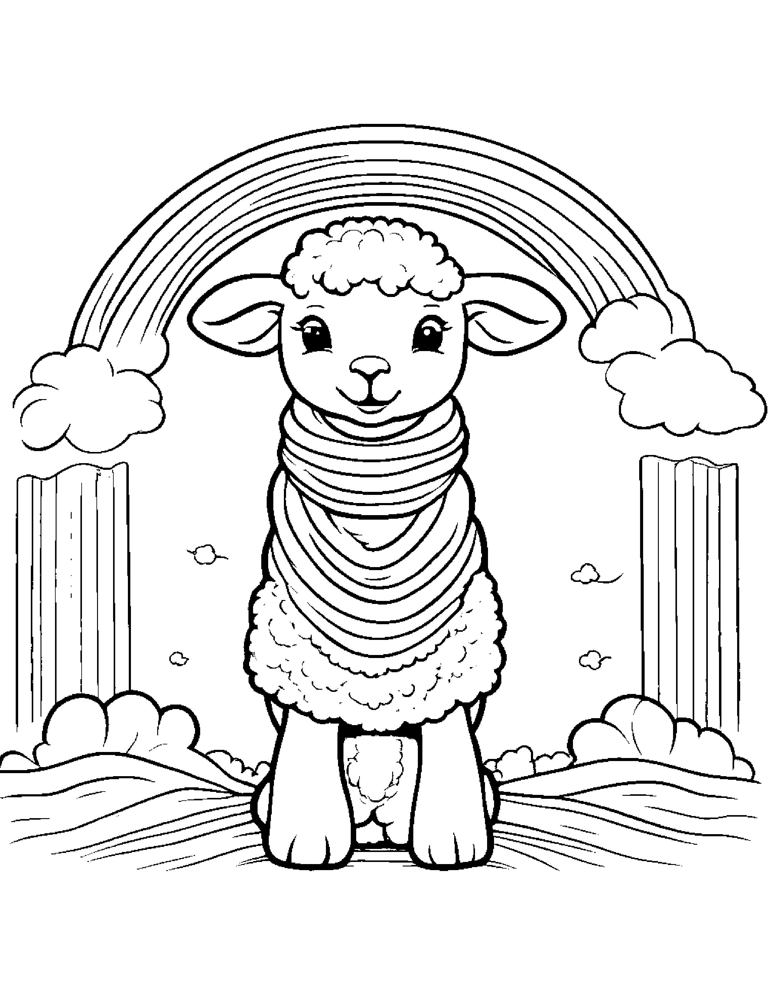 Lamb With A Soft Scarf Under A Rainbow Coloring Page (Free Printable PDF)