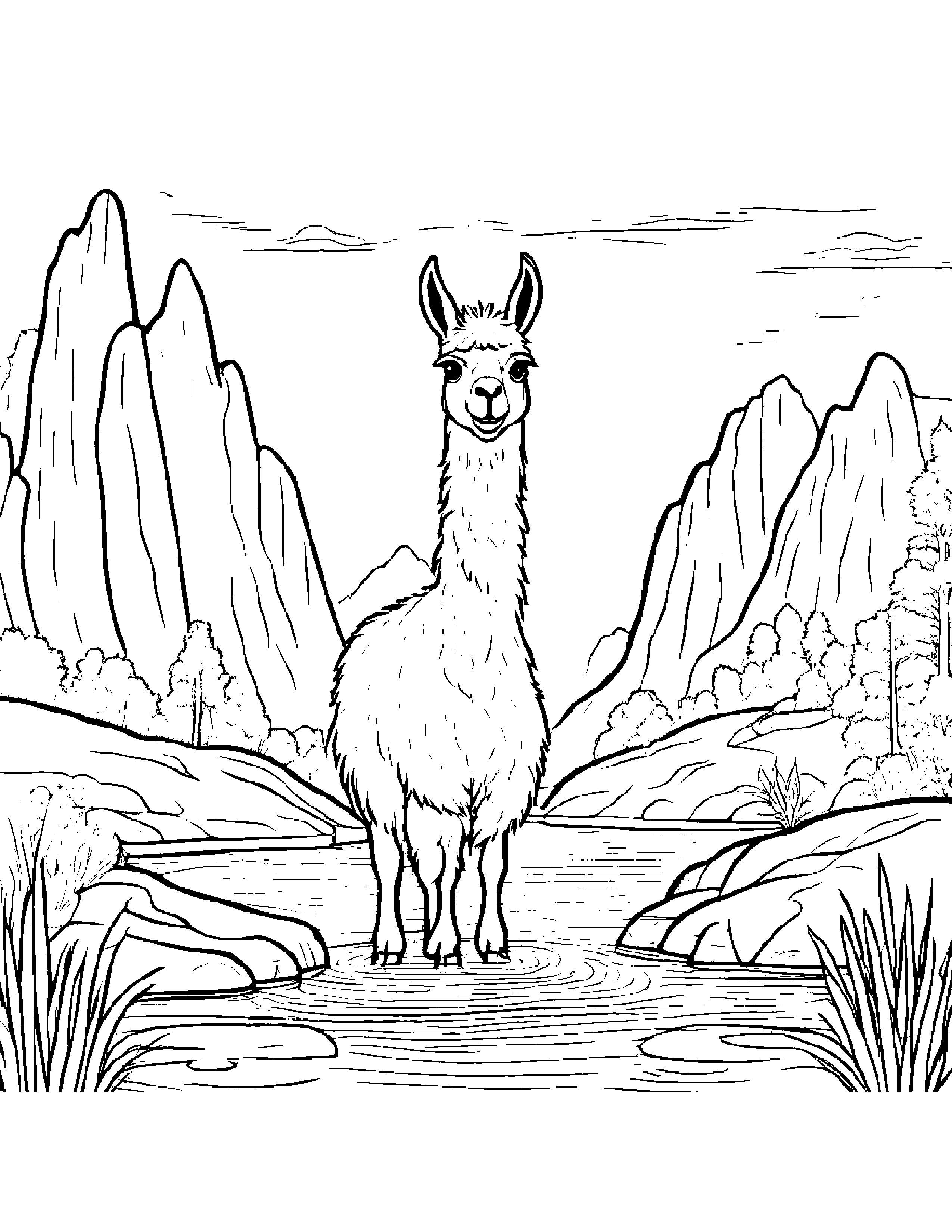 Llama With A Sunny Sticker Near A Gentle Stream #2 Coloring Page (Free Printable PDF)