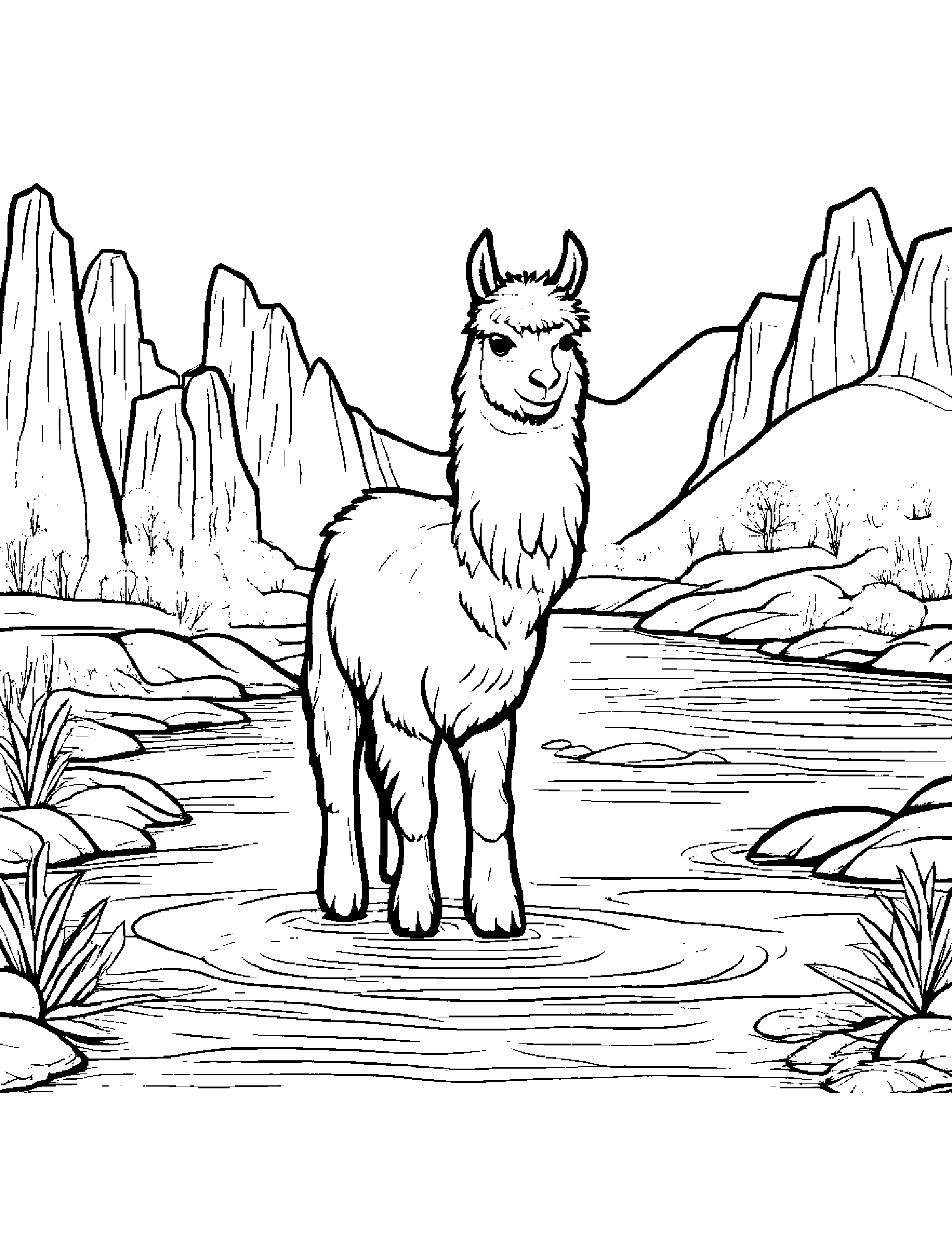 Llama With A Sunny Sticker Near A Gentle Stream #3 Coloring Page (Free Printable PDF)