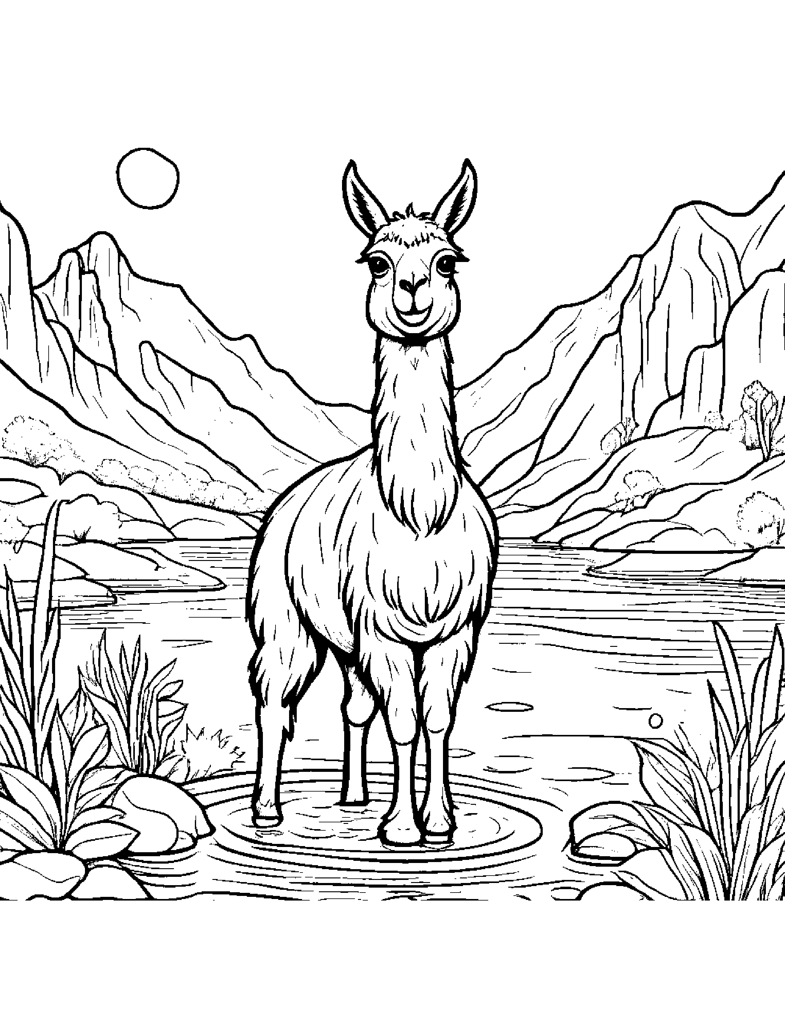 Llama With A Sunny Sticker Near A Gentle Stream Coloring Page (Free Printable PDF)