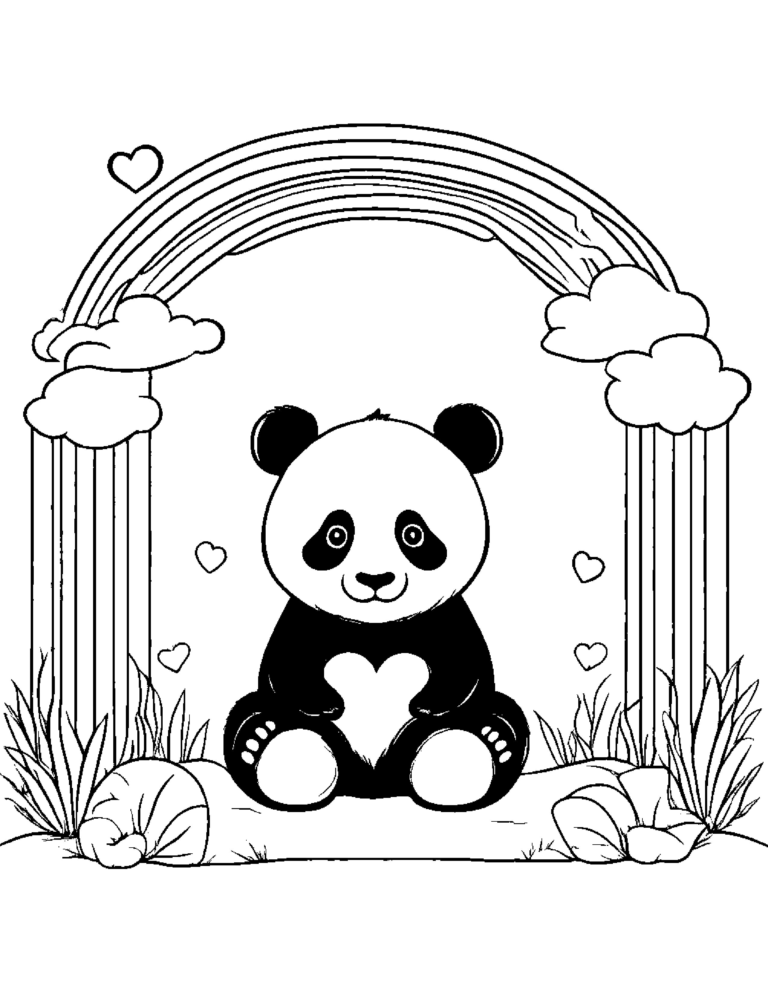 Panda With A Little Heart Under A Rainbow Coloring Page (Free Printable PDF)