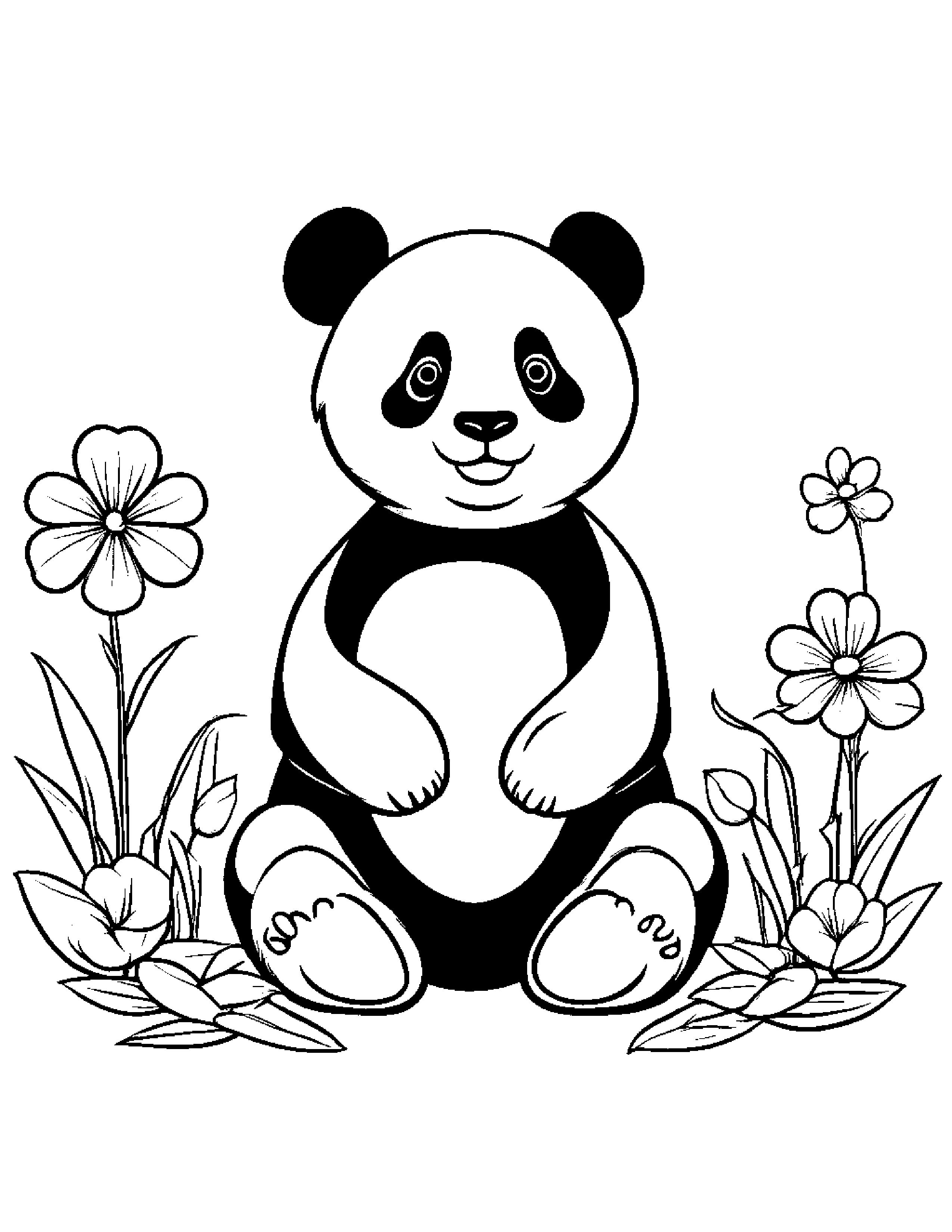 Panda With A Small Flower #2 Coloring Page (Free Printable PDF)