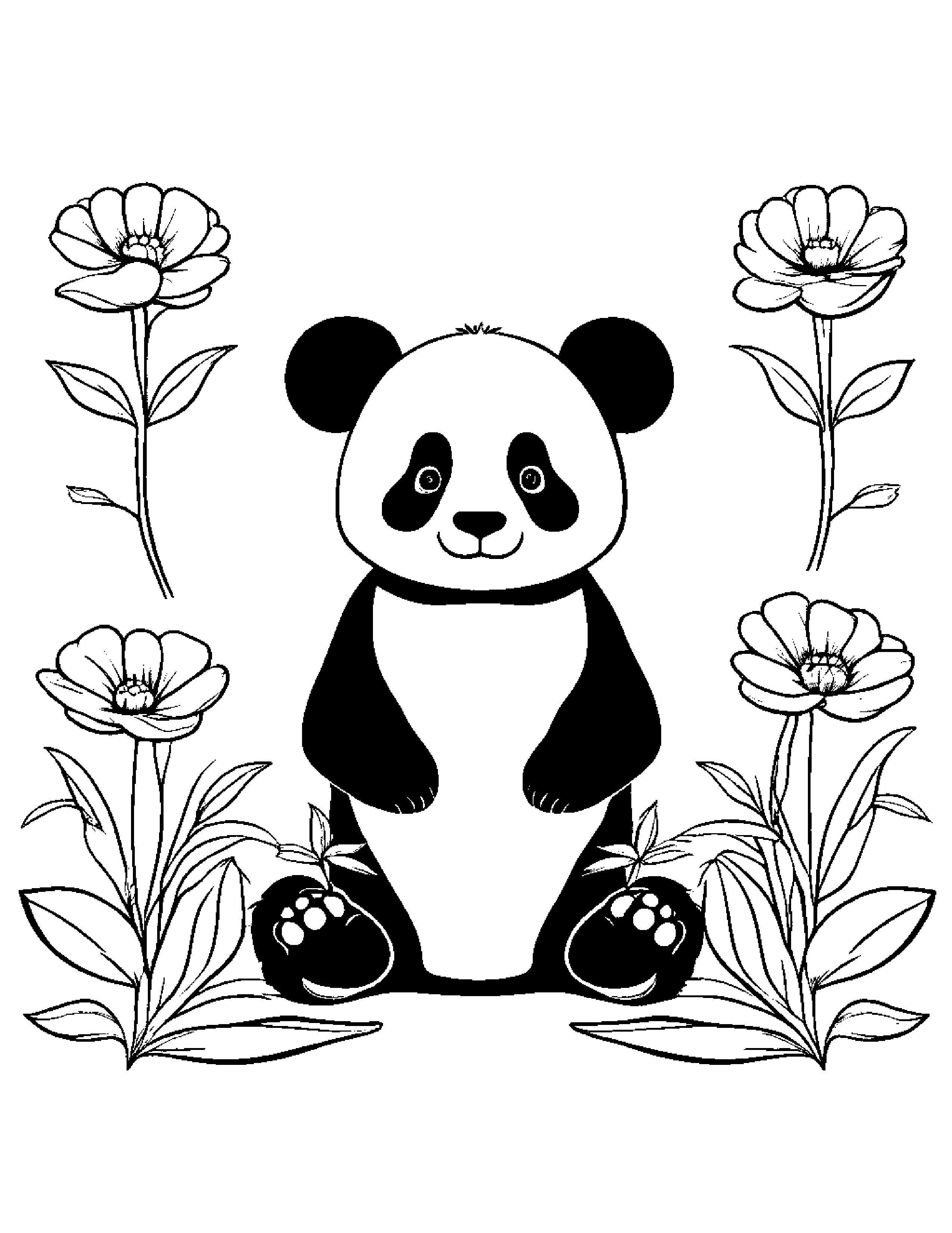 Panda With A Small Flower #3 Coloring Page (Free Printable PDF)
