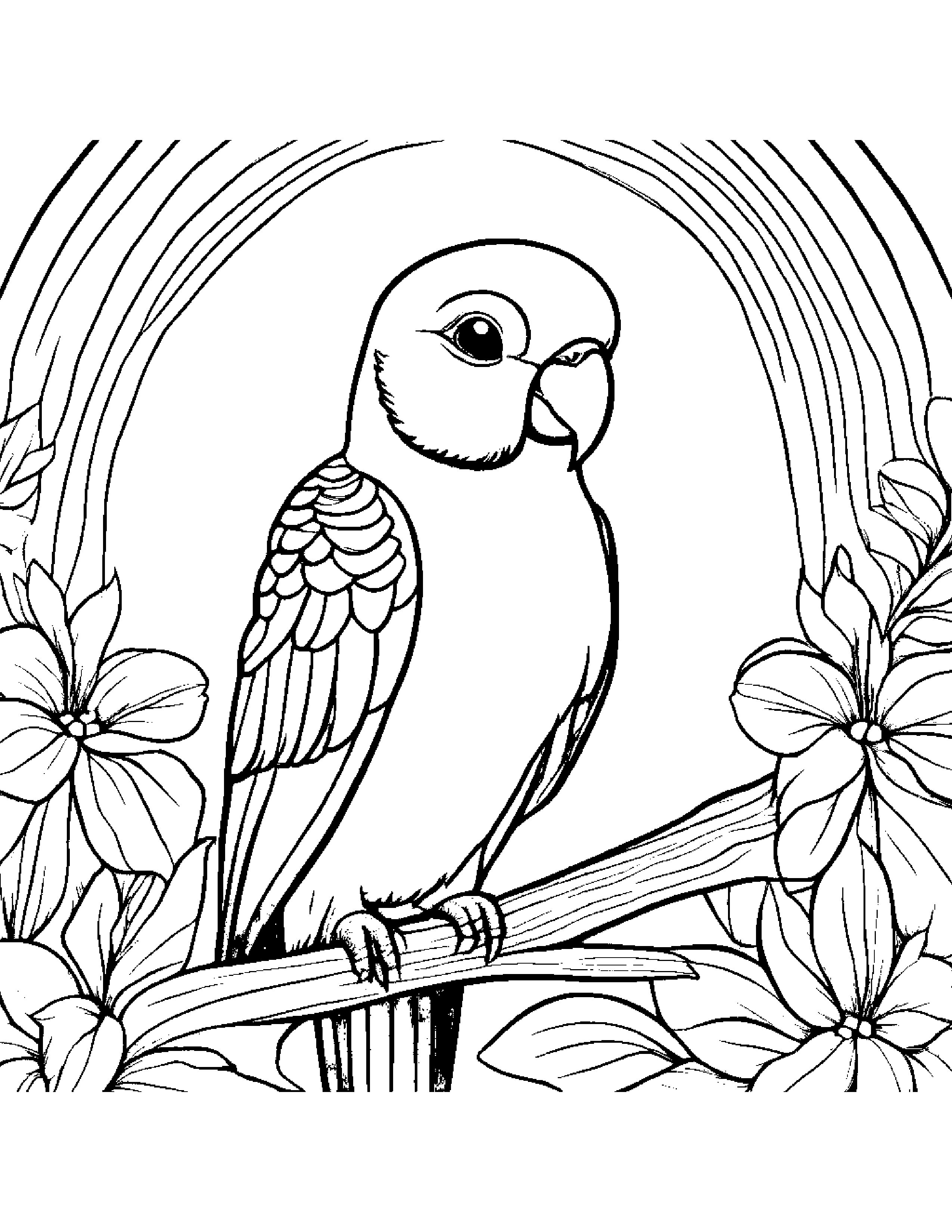 Parakeet Smiling Under A Rainbow #2 Coloring Page (Free Printable PDF)