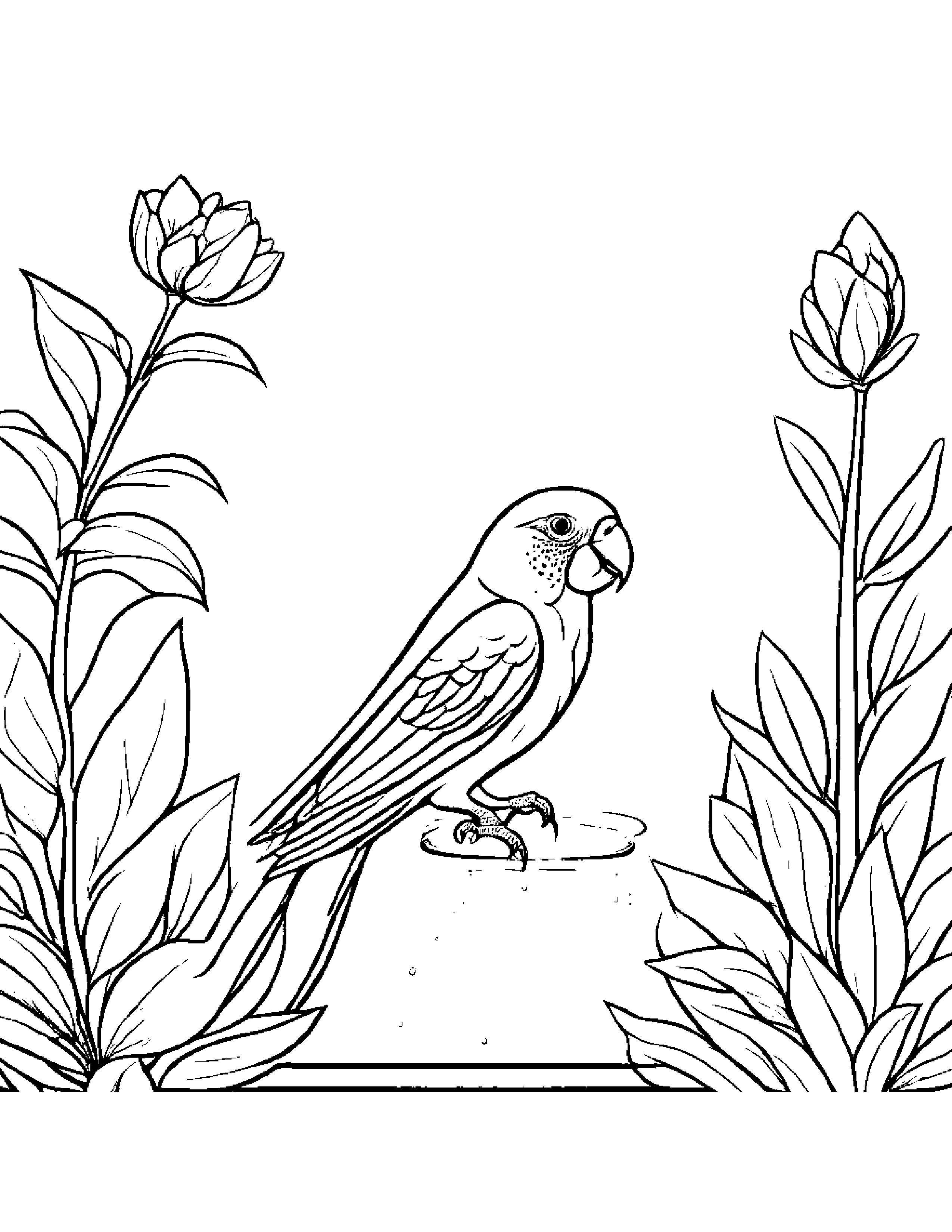 Parakeet Watering A Plant #2 Coloring Page (Free Printable PDF)