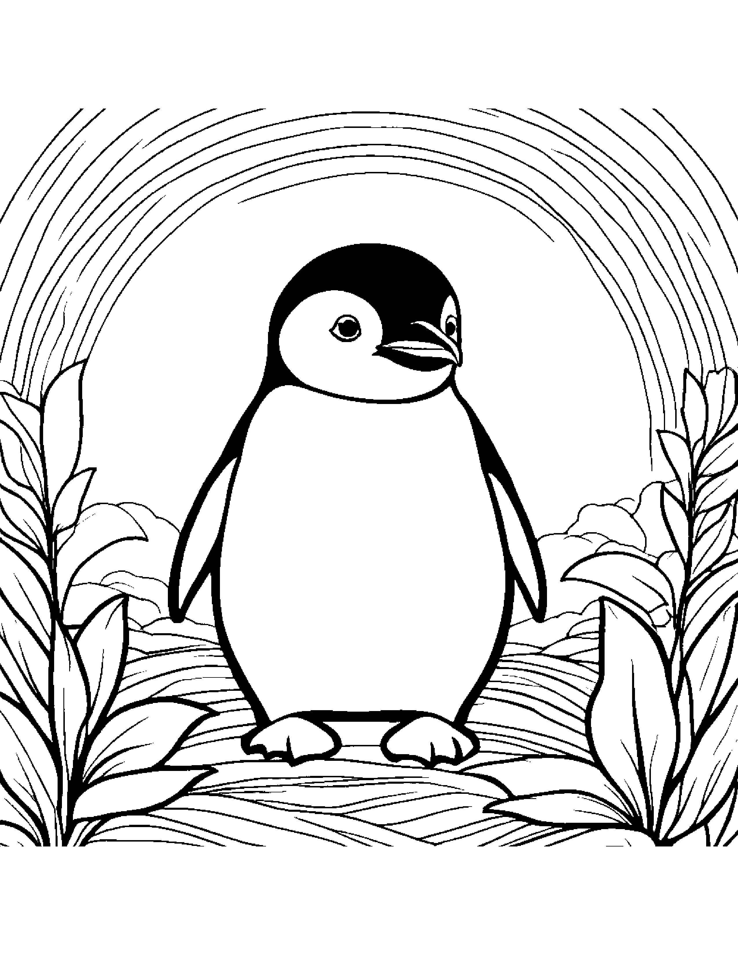 Penguin Chick With A Leaf Sprig Under A Rainbow #2 Coloring Page (Free Printable PDF)