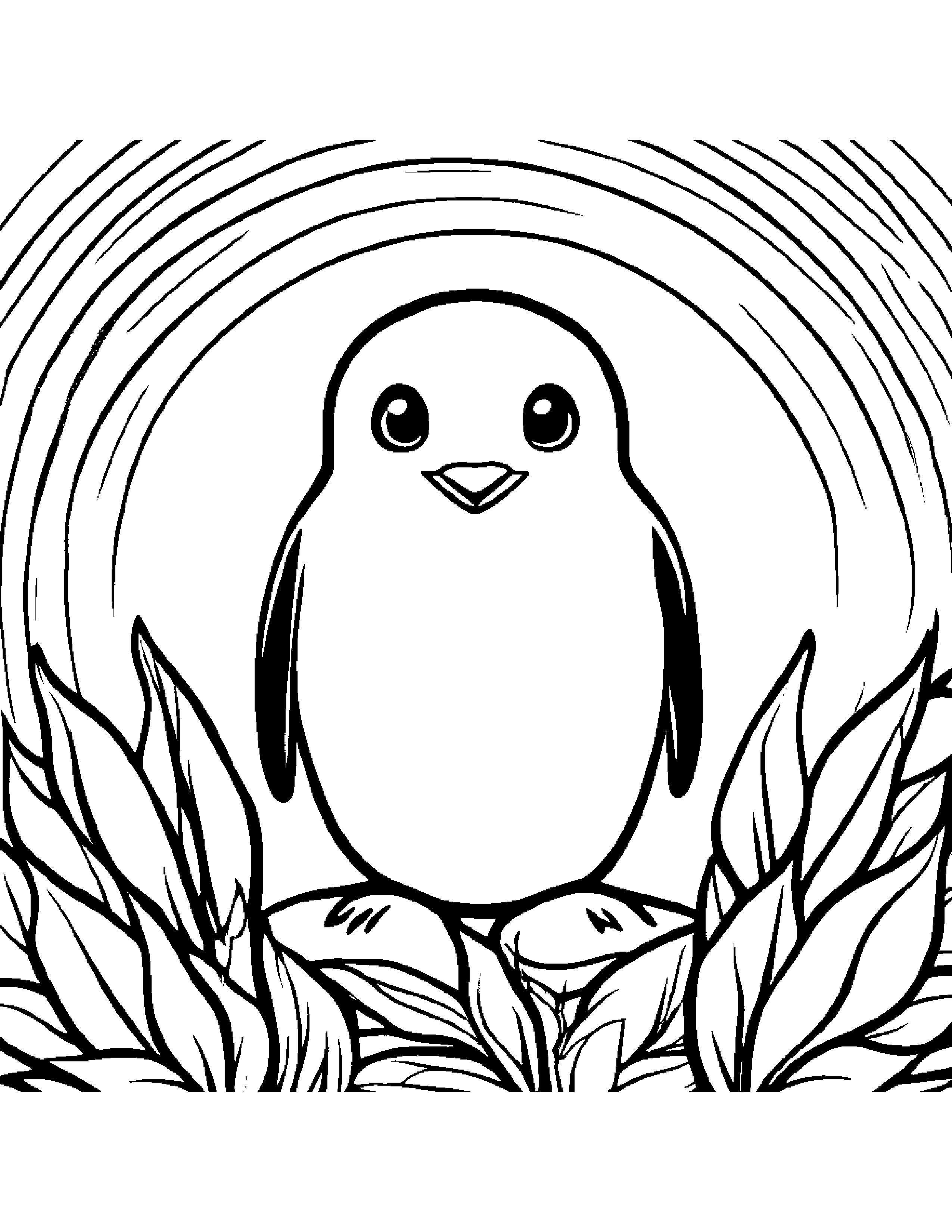 Penguin Chick With A Leaf Sprig Under A Rainbow #3 Coloring Page (Free Printable PDF)
