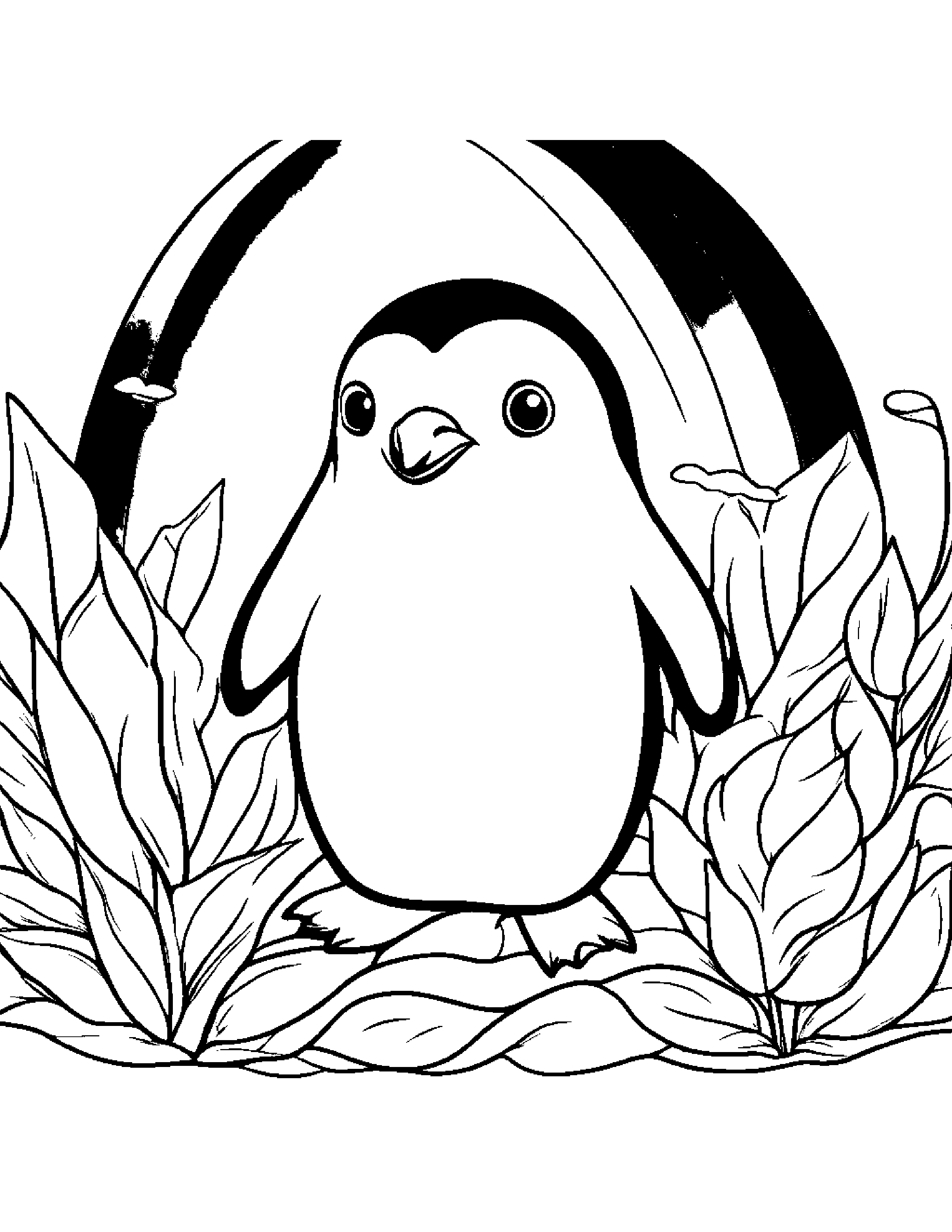 Penguin Chick With A Leaf Sprig Under A Rainbow #4 Coloring Page (Free Printable PDF)