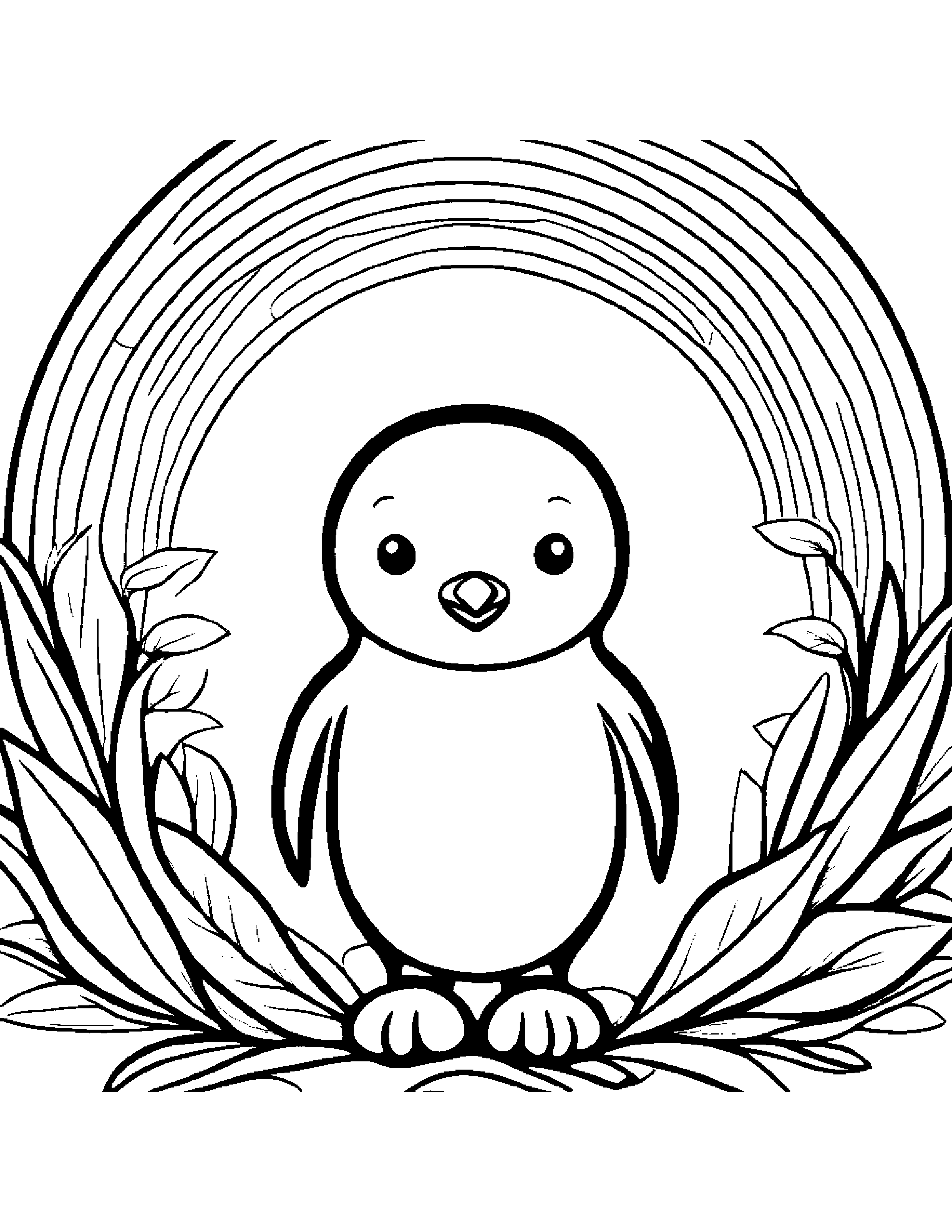 Penguin Chick With A Leaf Sprig Under A Rainbow #5 Coloring Page (Free Printable PDF)