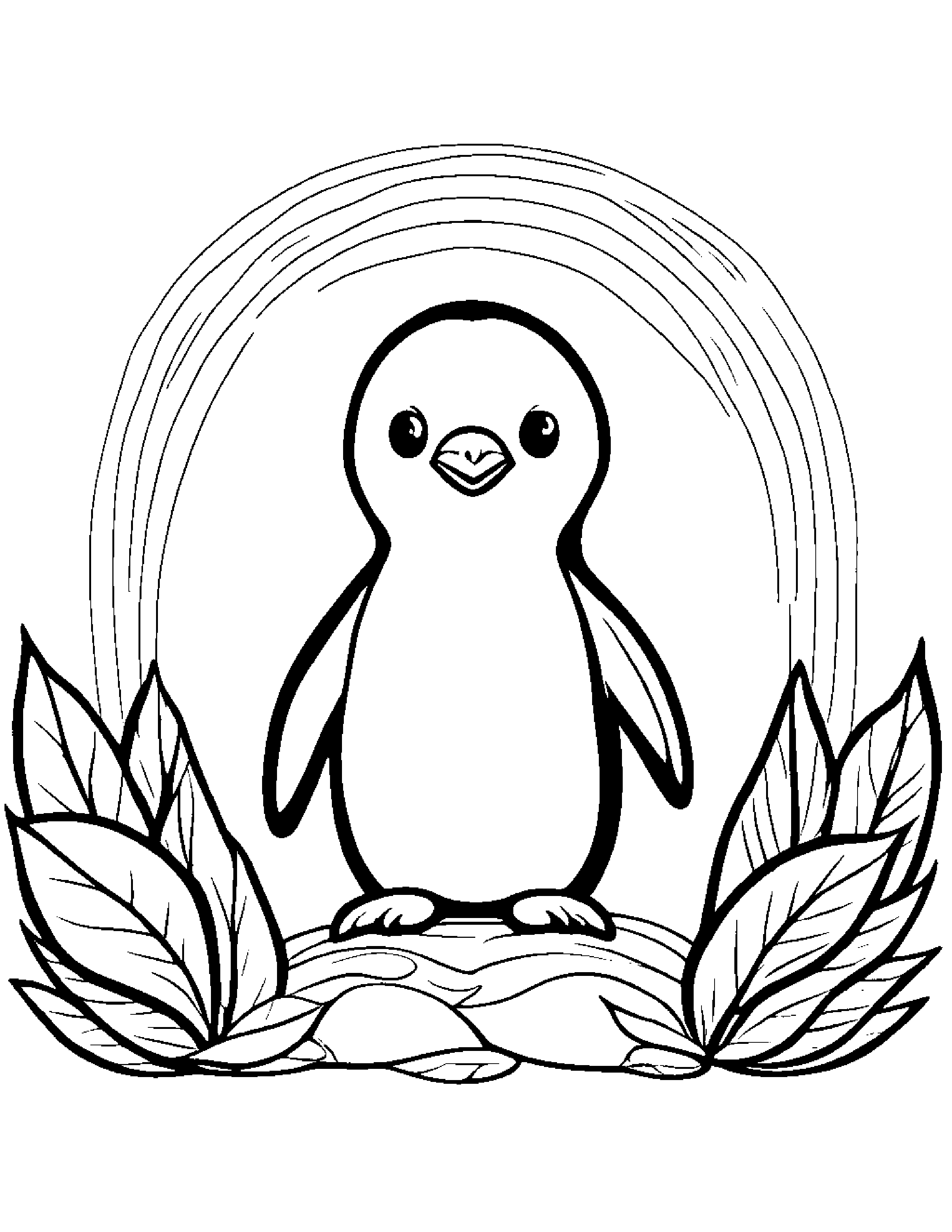 Penguin Chick With A Leaf Sprig Under A Rainbow Coloring Page (Free Printable PDF)