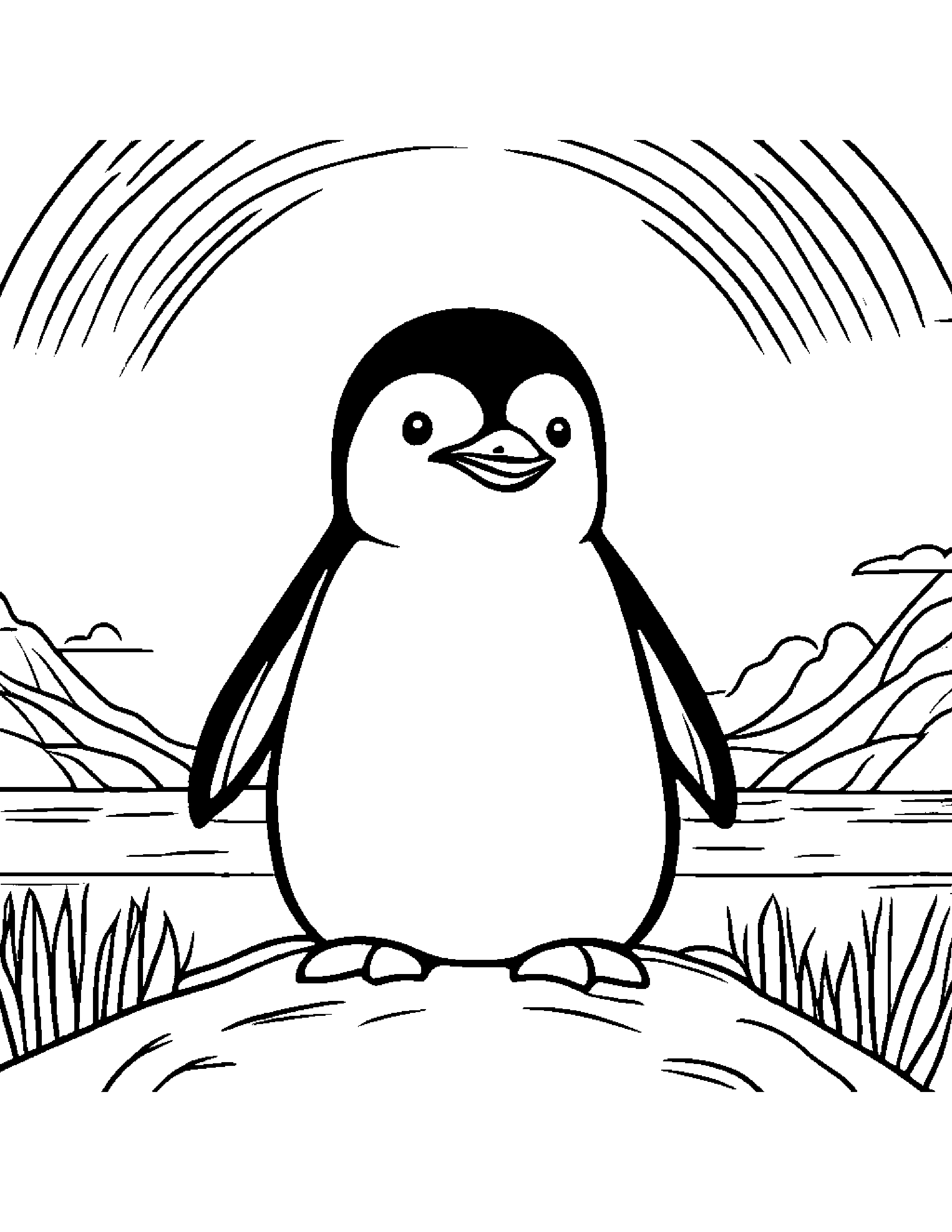 Peppy Penguin Chick Under A Rainbow Coloring Page (Free Printable PDF)