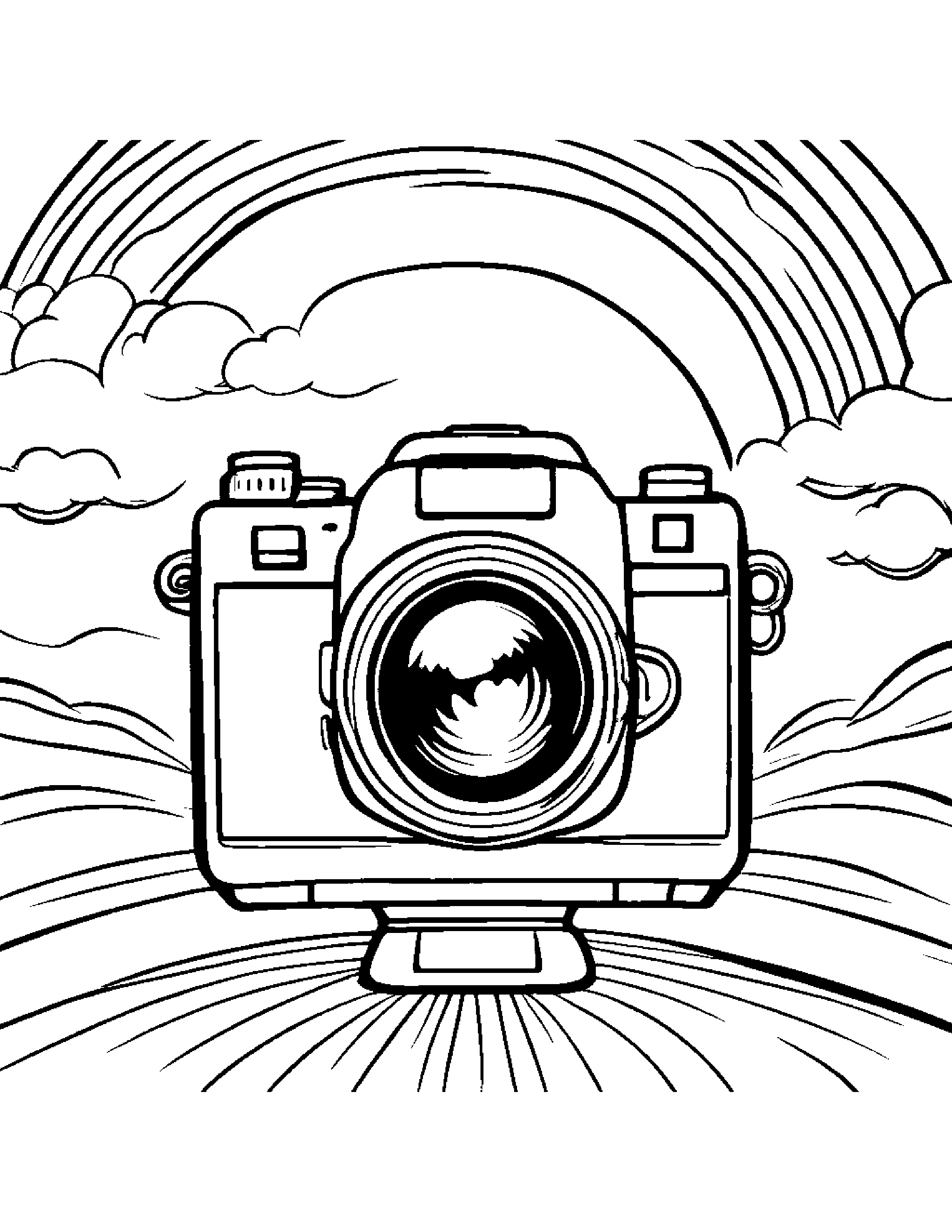 Playful Camera Toy Under A Rainbow Coloring Page (Free Printable PDF)