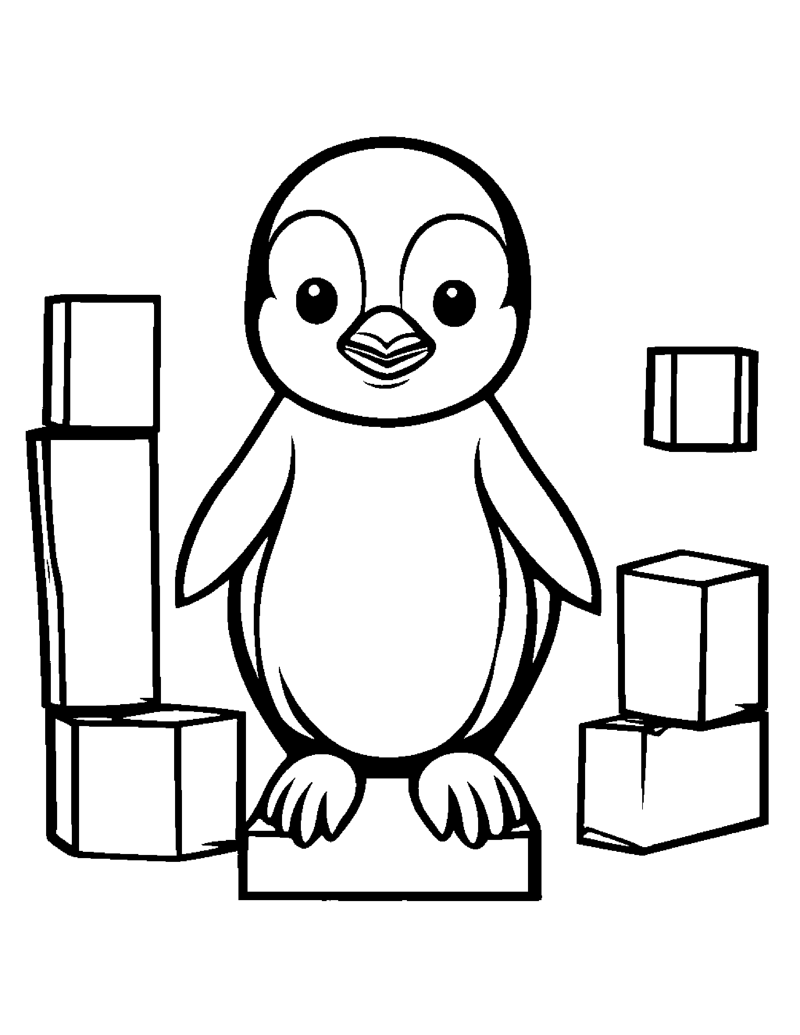 Playful Penguin Chick Stacking Blocks Coloring Page (Free Printable PDF)