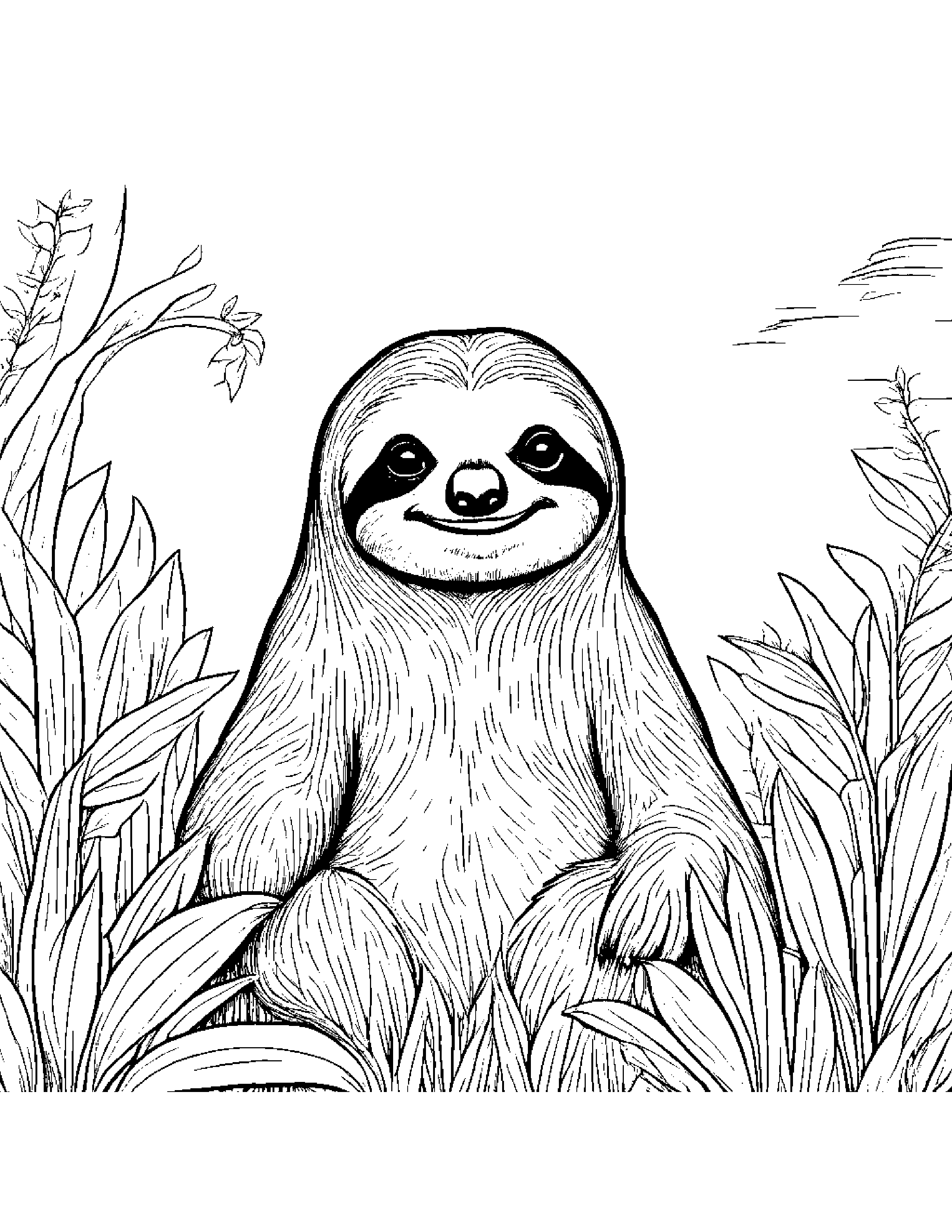 Polite Sloth Playing Peekaboo In A Sunny Meadow #2 Coloring Page (Free Printable PDF)