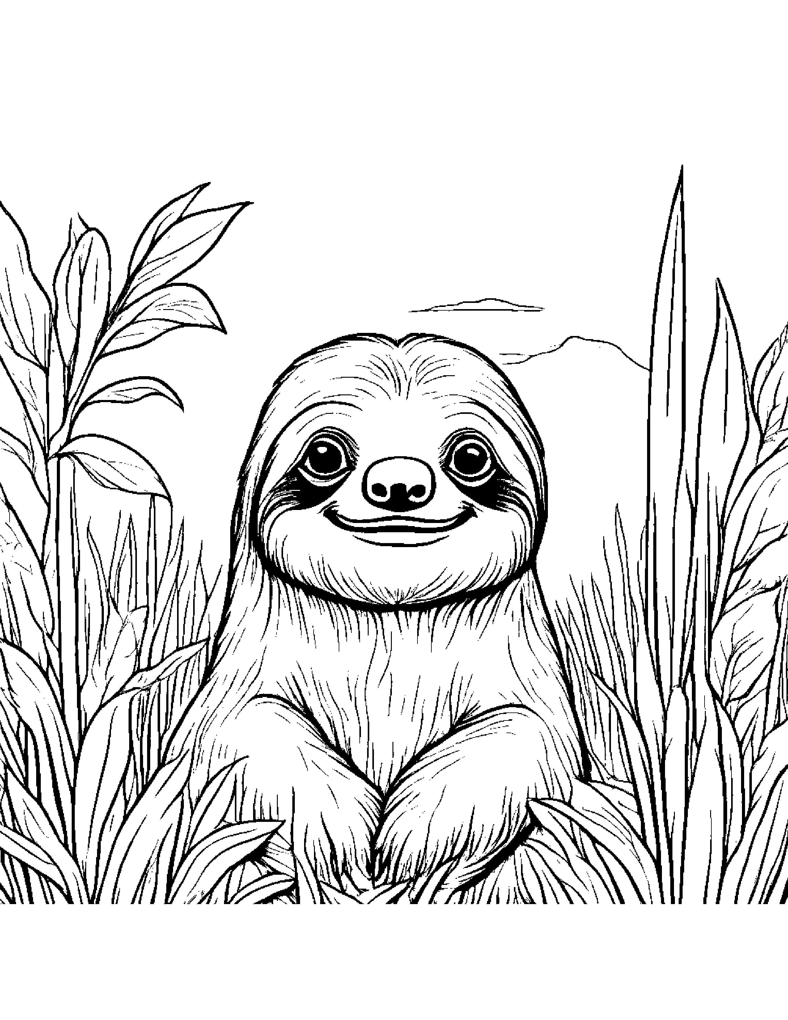 Polite Sloth Playing Peekaboo In A Sunny Meadow Coloring Page (Free Printable PDF)