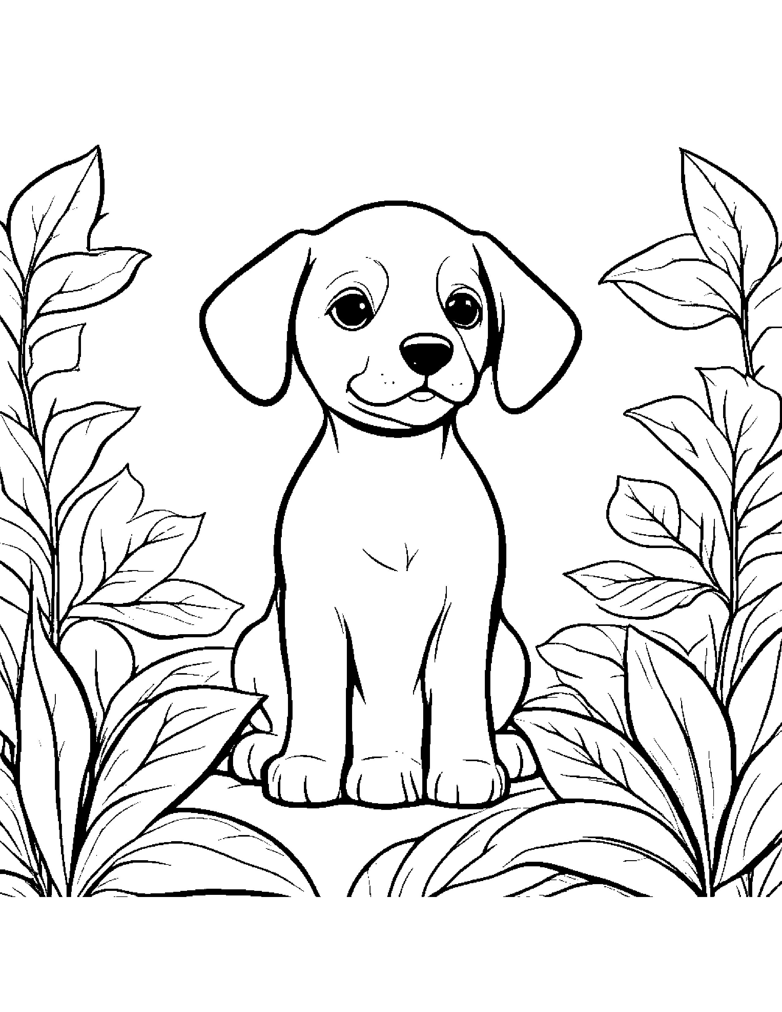 Puppy Dog With A Leaf Sprig In A Cozy Garden #2 Coloring Page (Free Printable PDF)