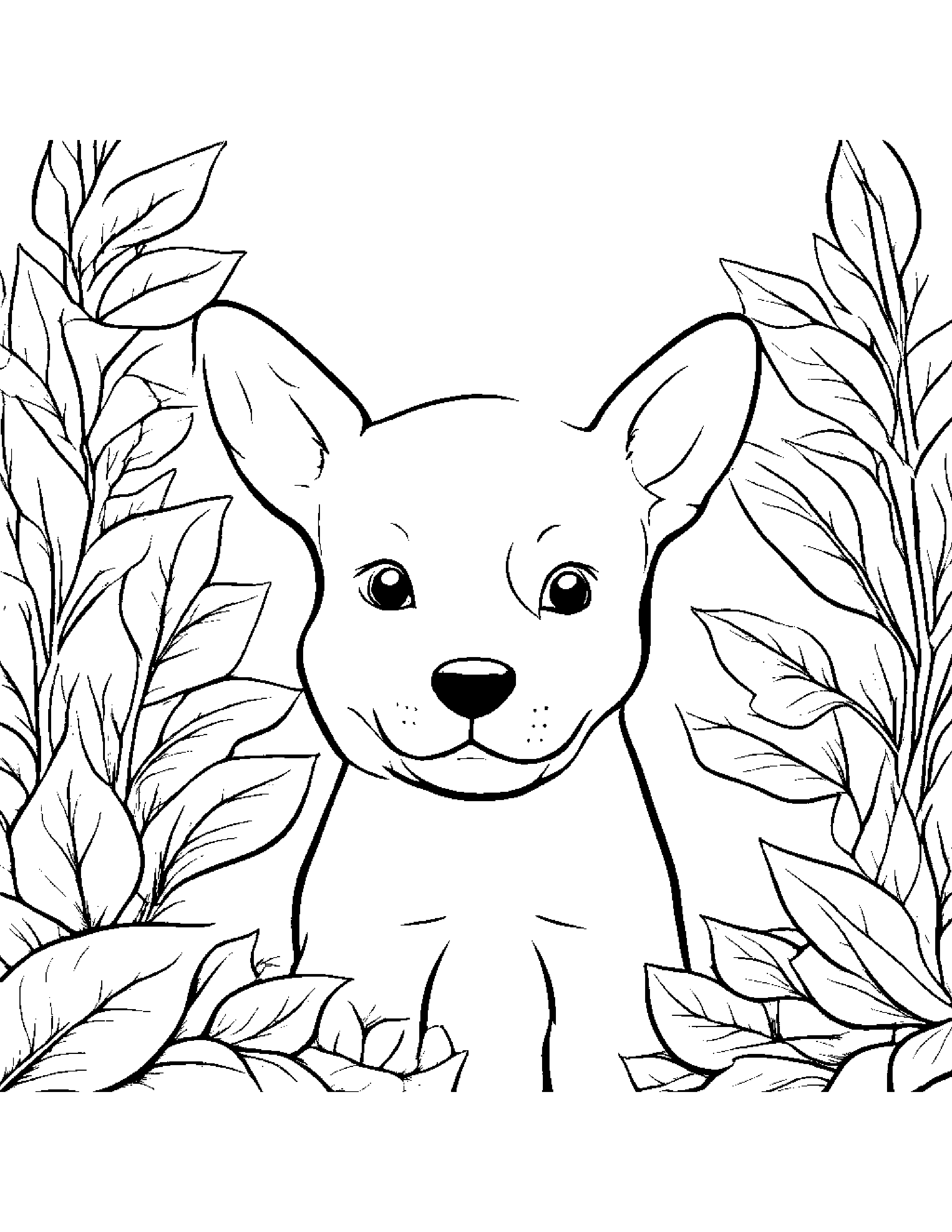 Puppy Dog With A Leaf Sprig In A Cozy Garden #3 Coloring Page (Free Printable PDF)