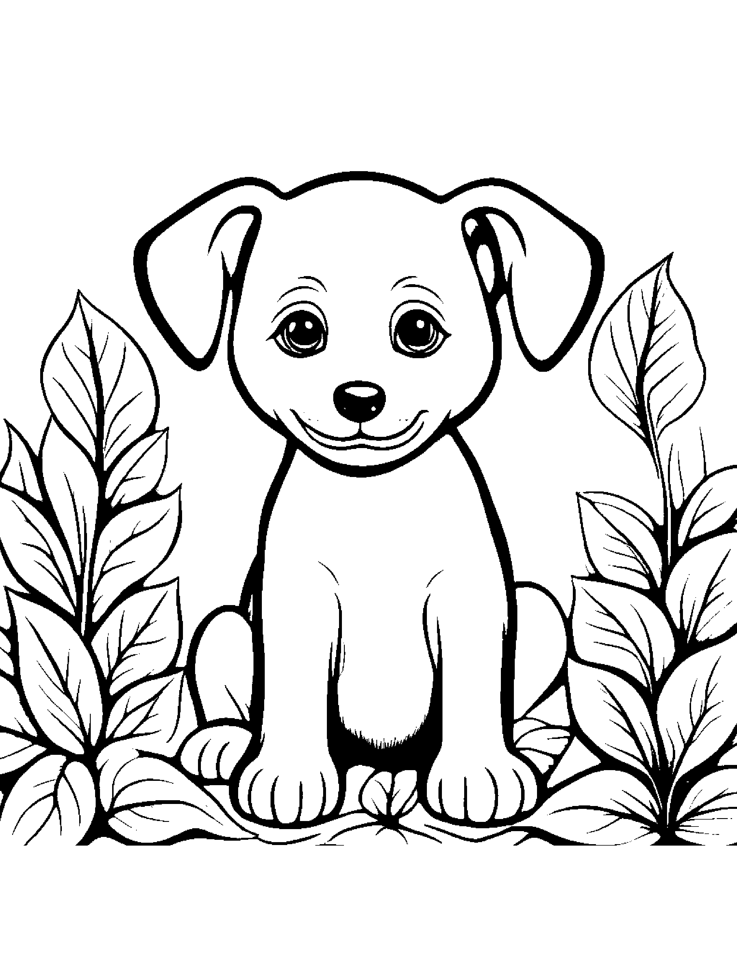 Puppy Dog With A Leaf Sprig In A Cozy Garden #4 Coloring Page (Free Printable PDF)