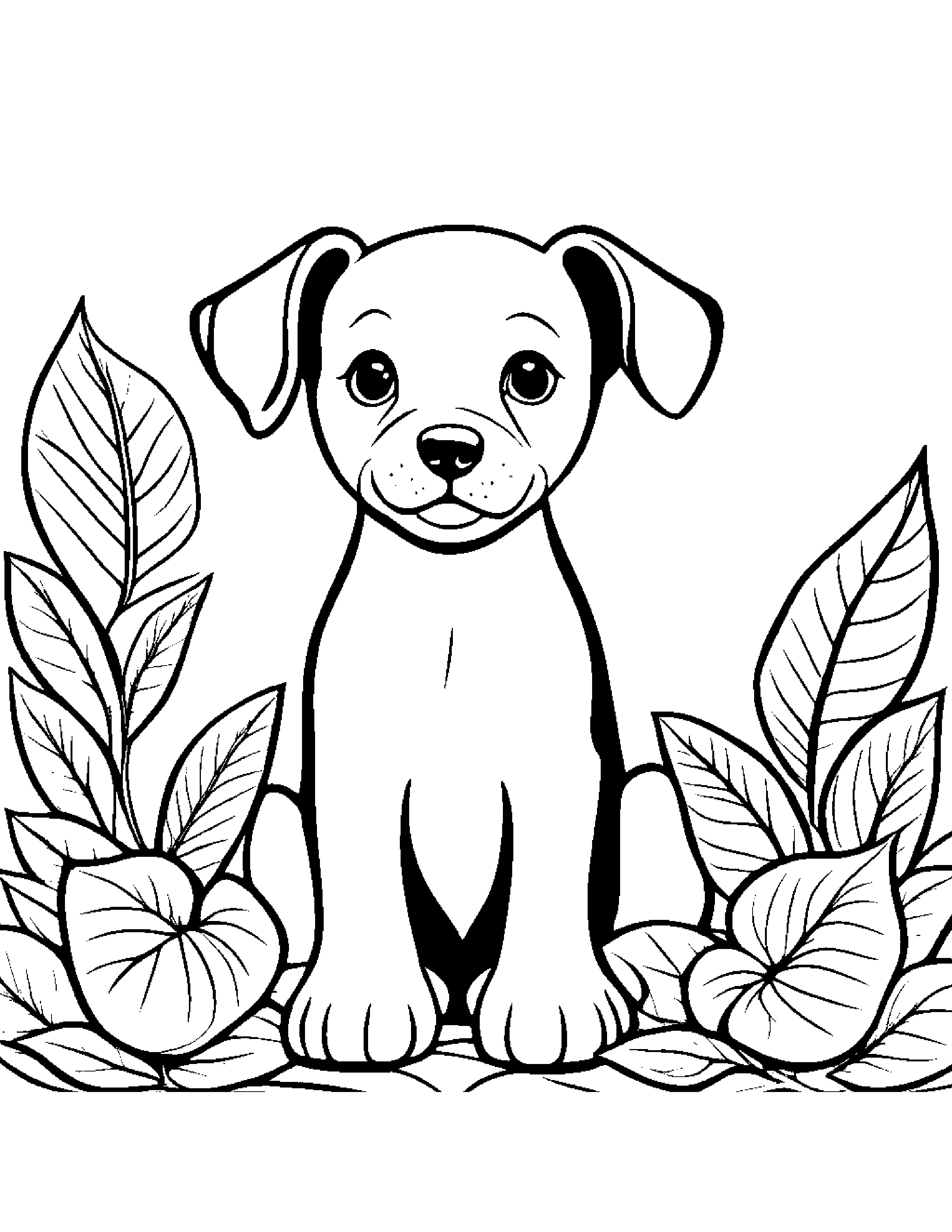 Puppy Dog With A Leaf Sprig In A Cozy Garden Coloring Page (Free Printable PDF)