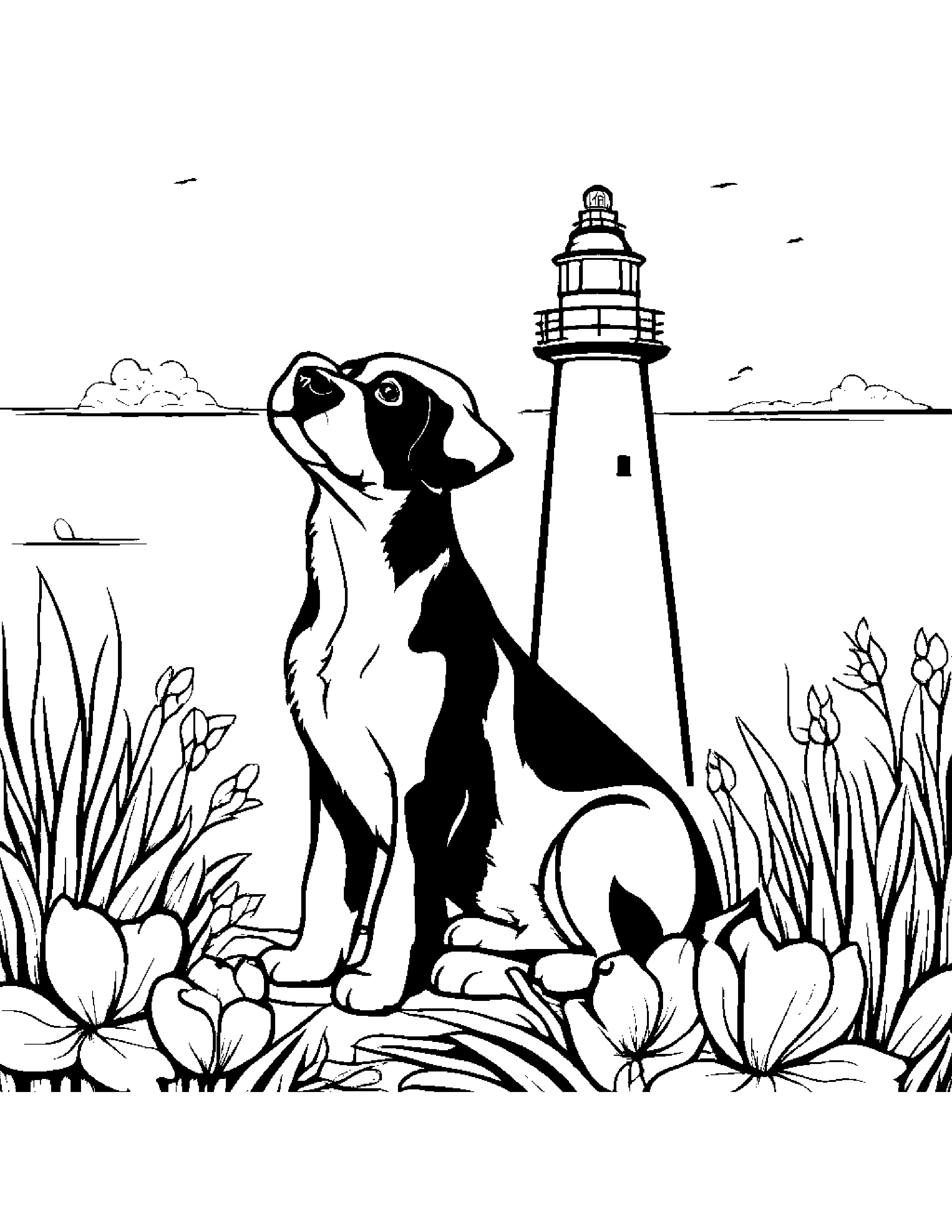 Puppy Dog With A Small Flower Near A Lighthouse #2 Coloring Page (Free Printable PDF)