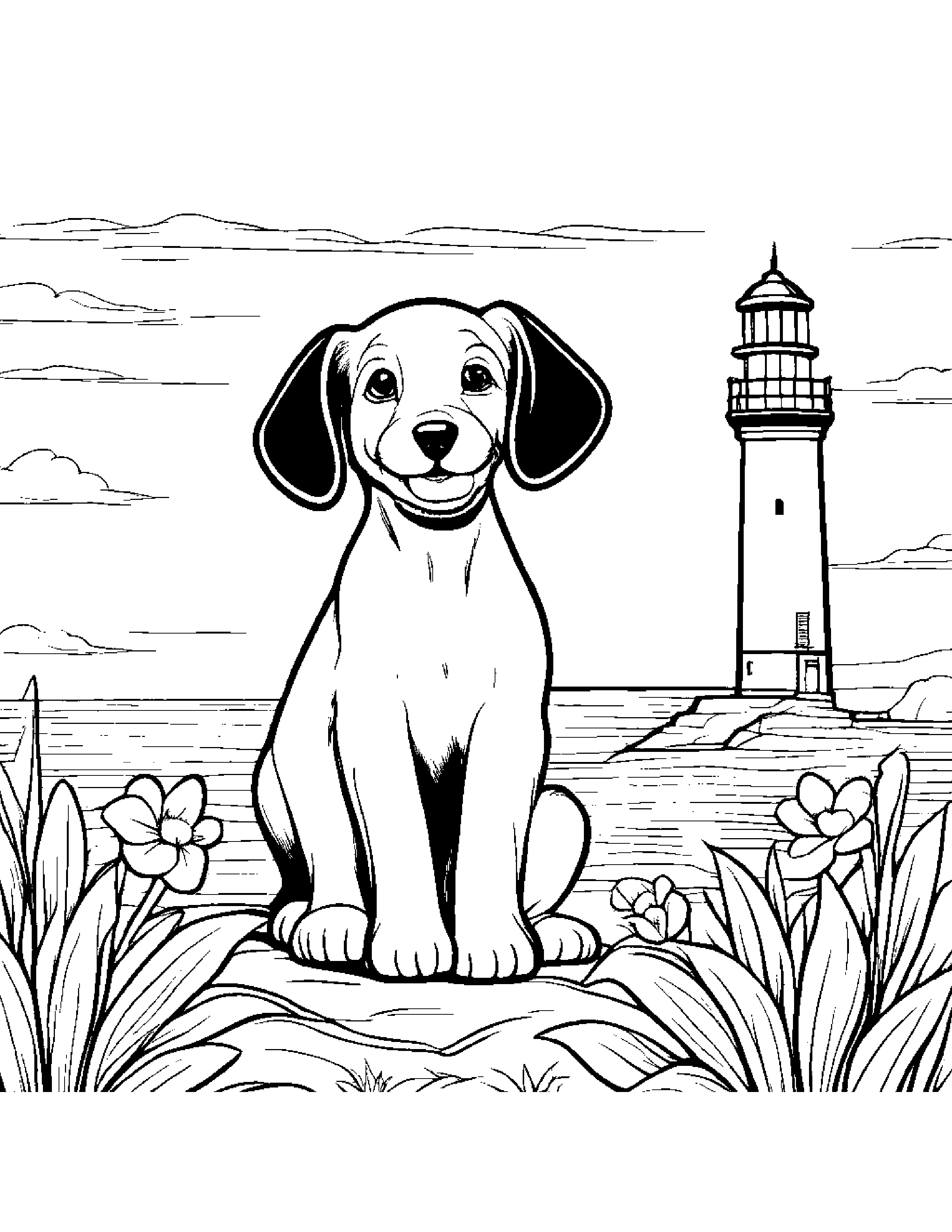 Puppy Dog With A Small Flower Near A Lighthouse #3 Coloring Page (Free Printable PDF)
