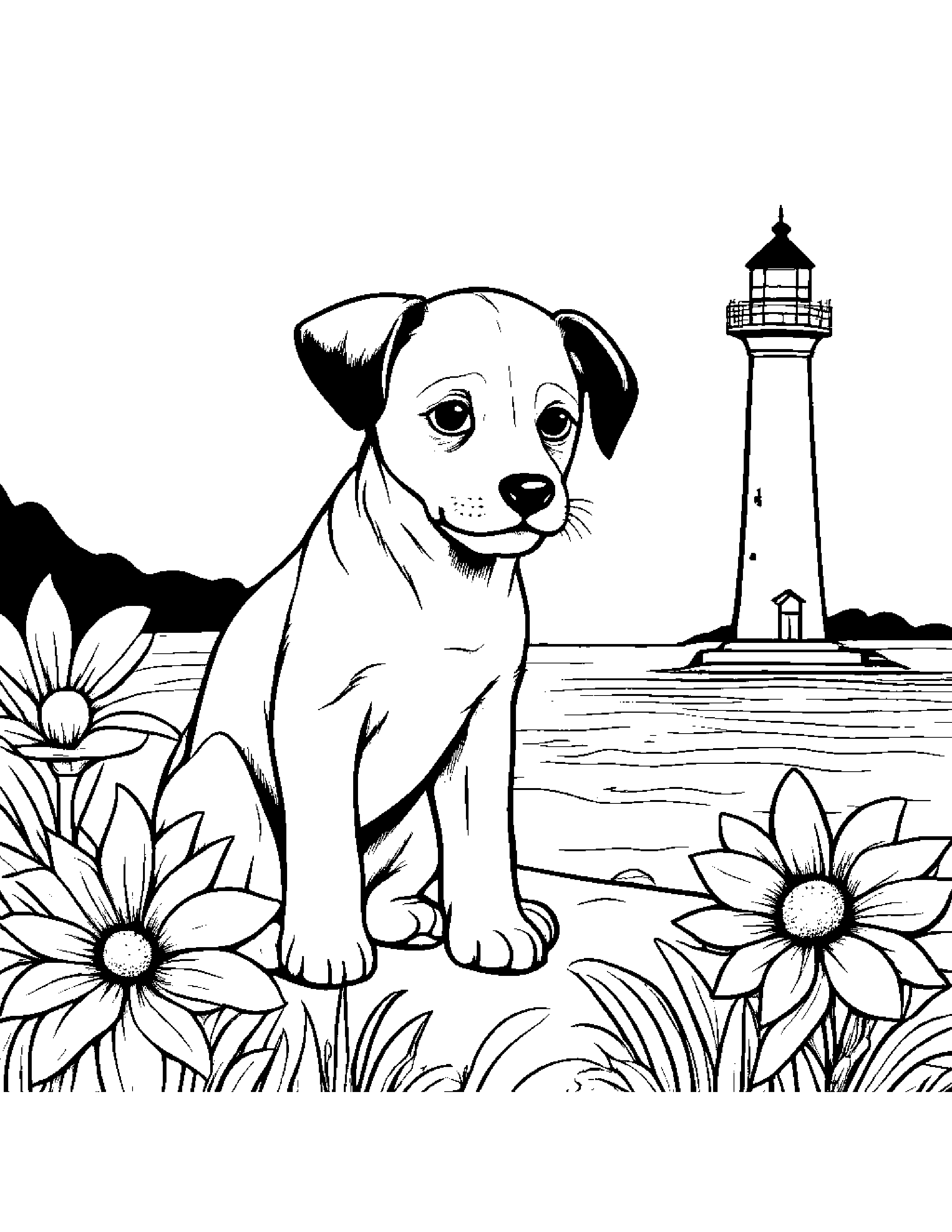 Puppy Dog With A Small Flower Near A Lighthouse #4 Coloring Page (Free Printable PDF)