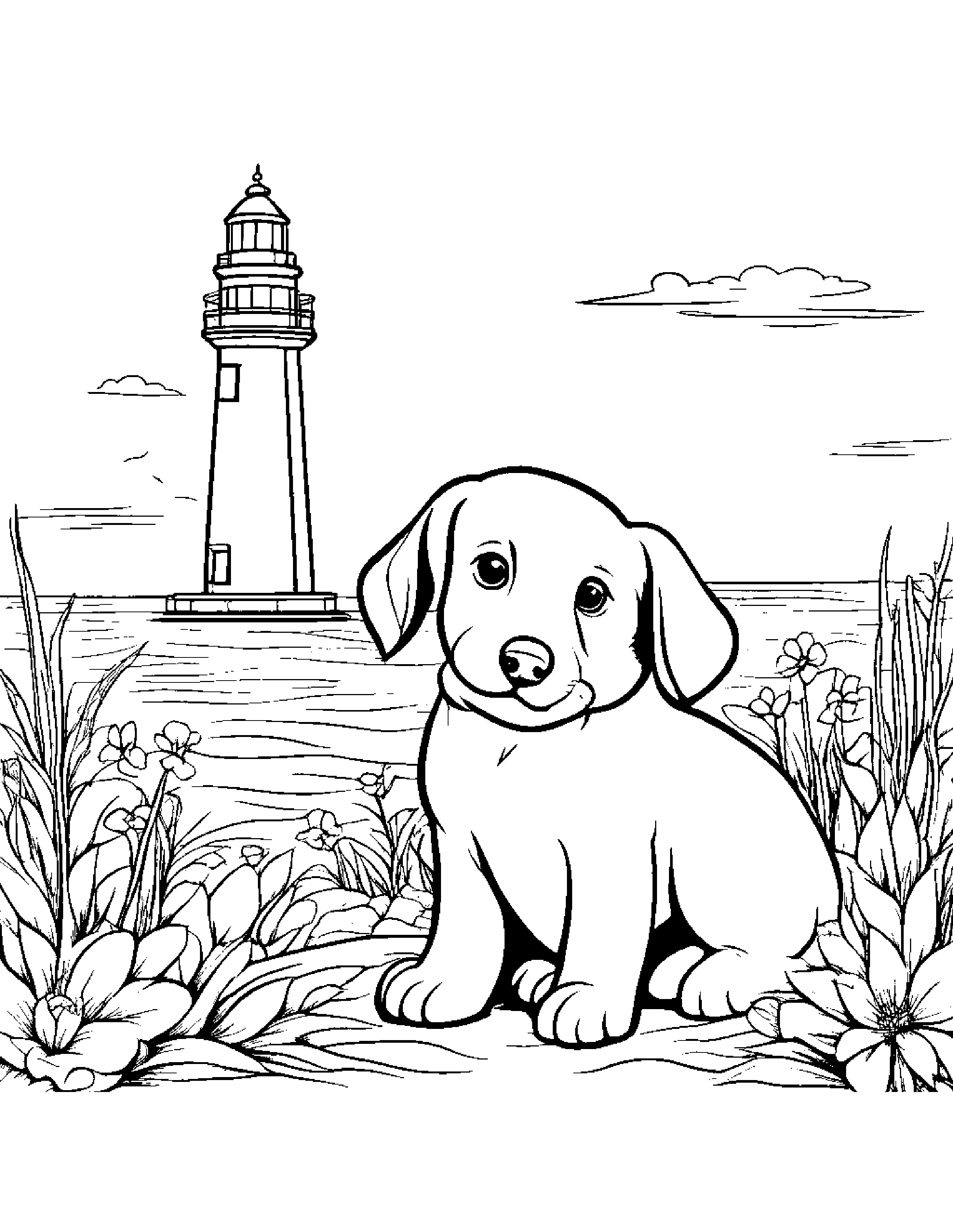 Puppy Dog With A Small Flower Near A Lighthouse #5 Coloring Page (Free Printable PDF)