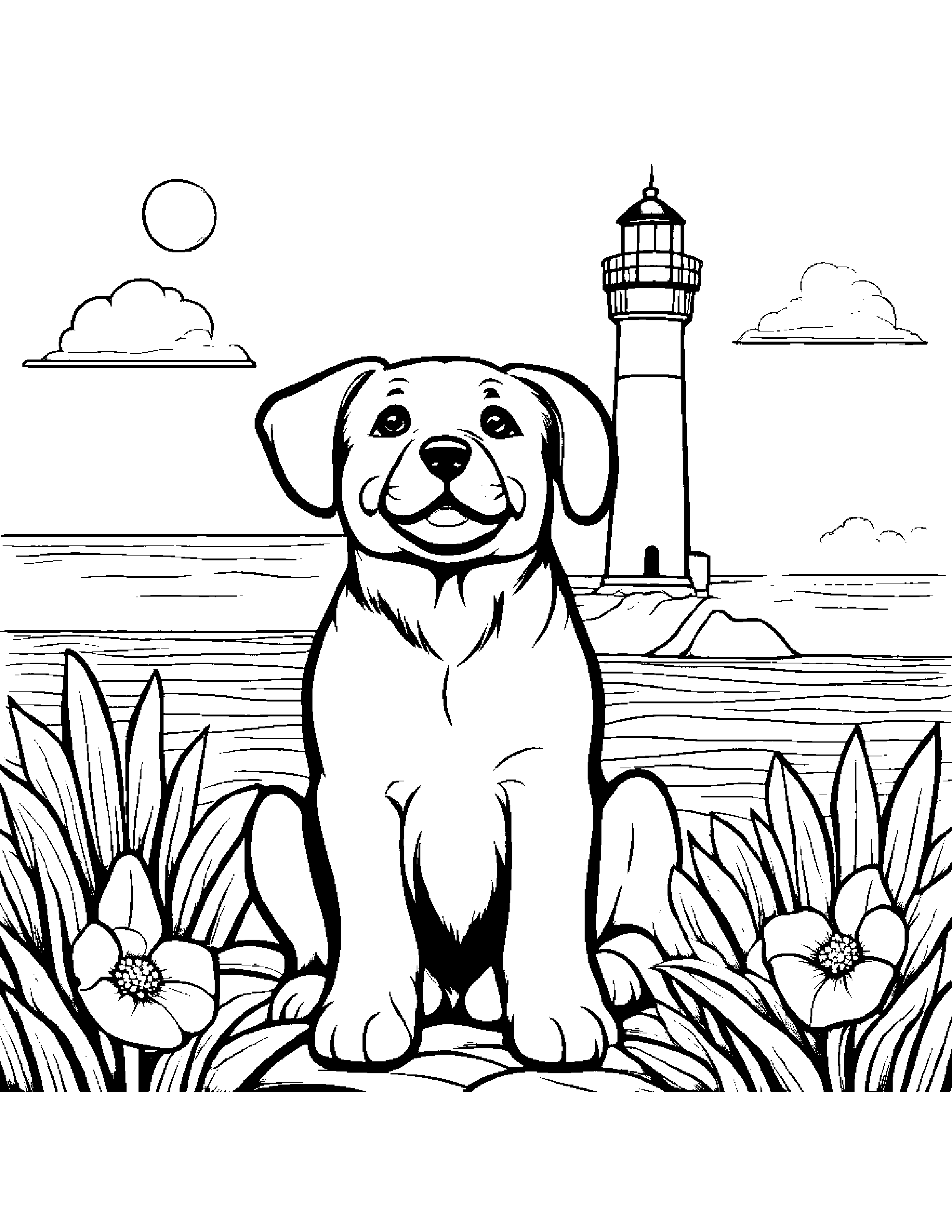 Puppy Dog With A Small Flower Near A Lighthouse Coloring Page (Free Printable PDF)