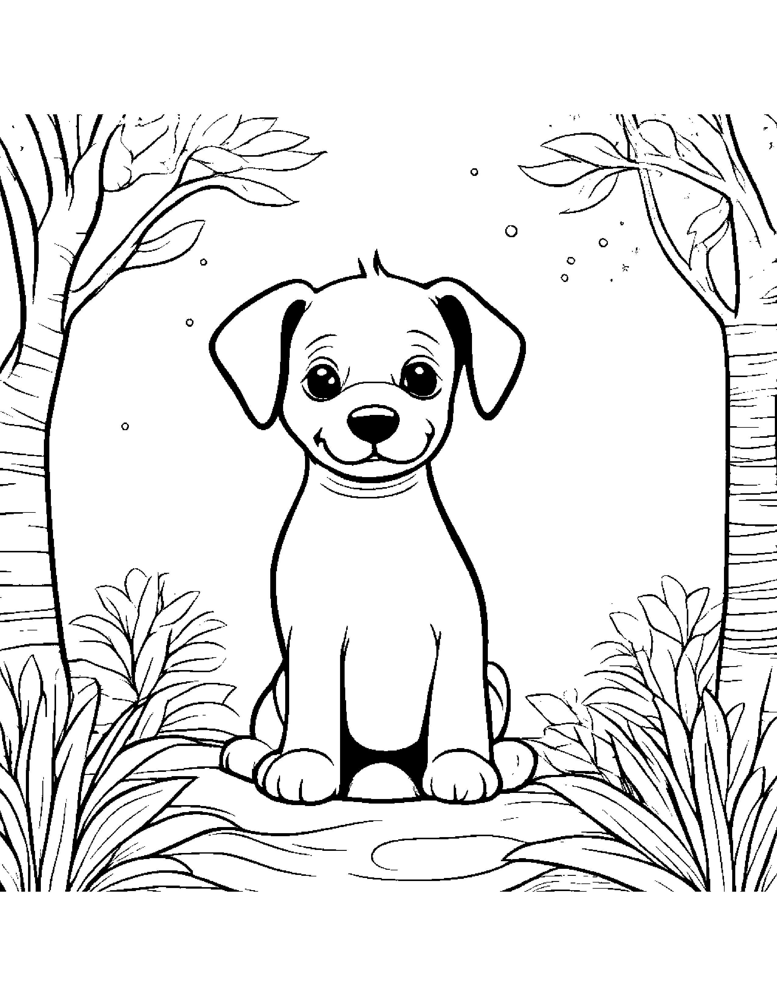 Puppy Dog With Sparkles By A Little Tree Coloring Page (Free Printable PDF)