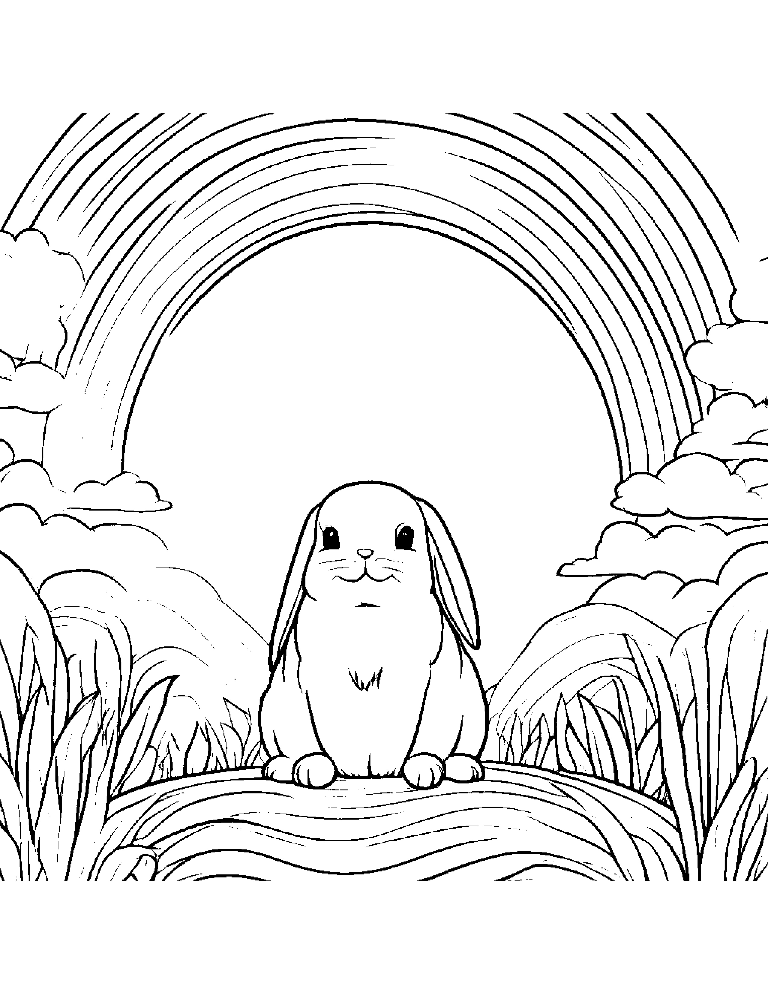 Quiet Bunny Under A Rainbow #2 Coloring Page (Free Printable PDF)
