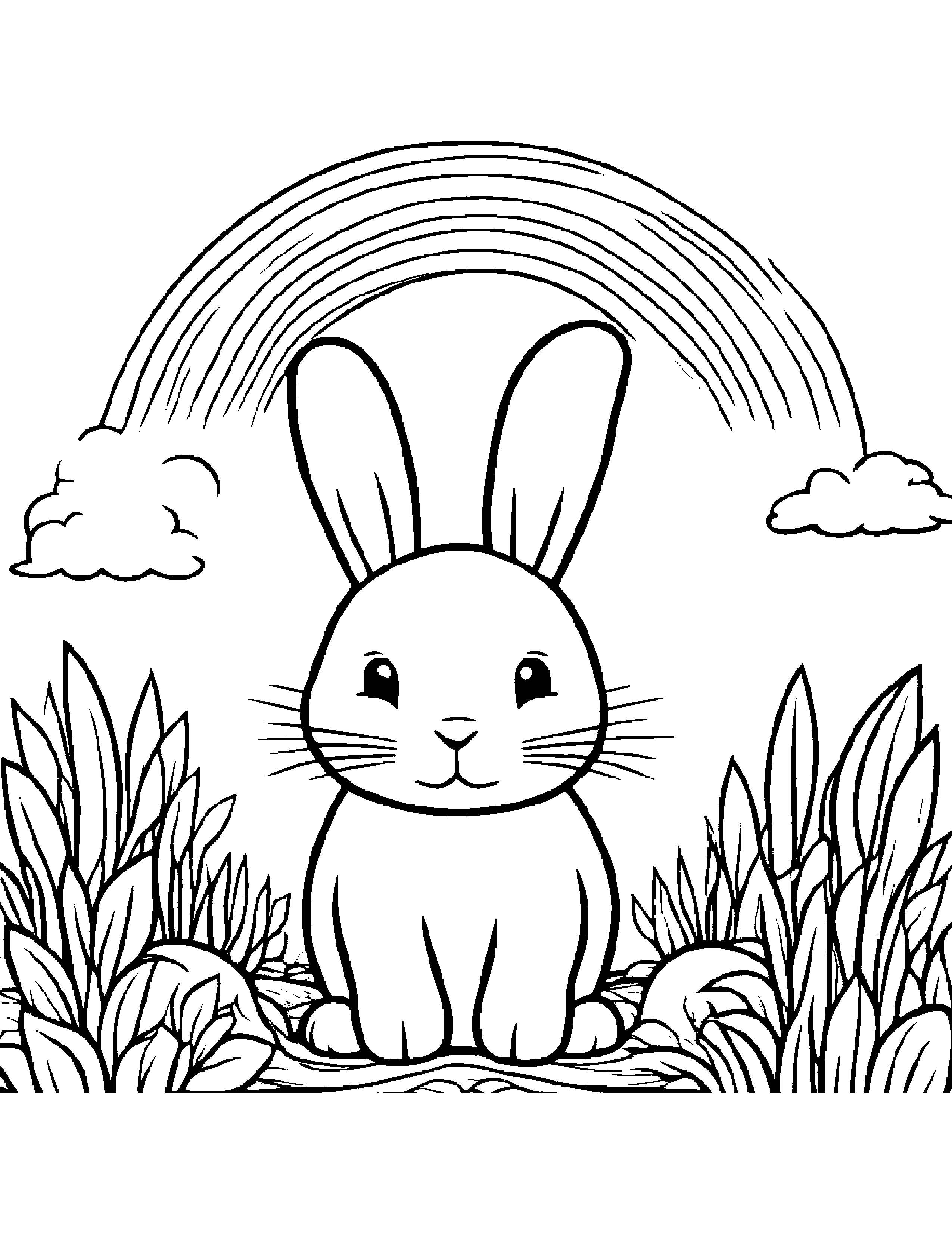 Quiet Bunny Under A Rainbow Coloring Page (Free Printable PDF)