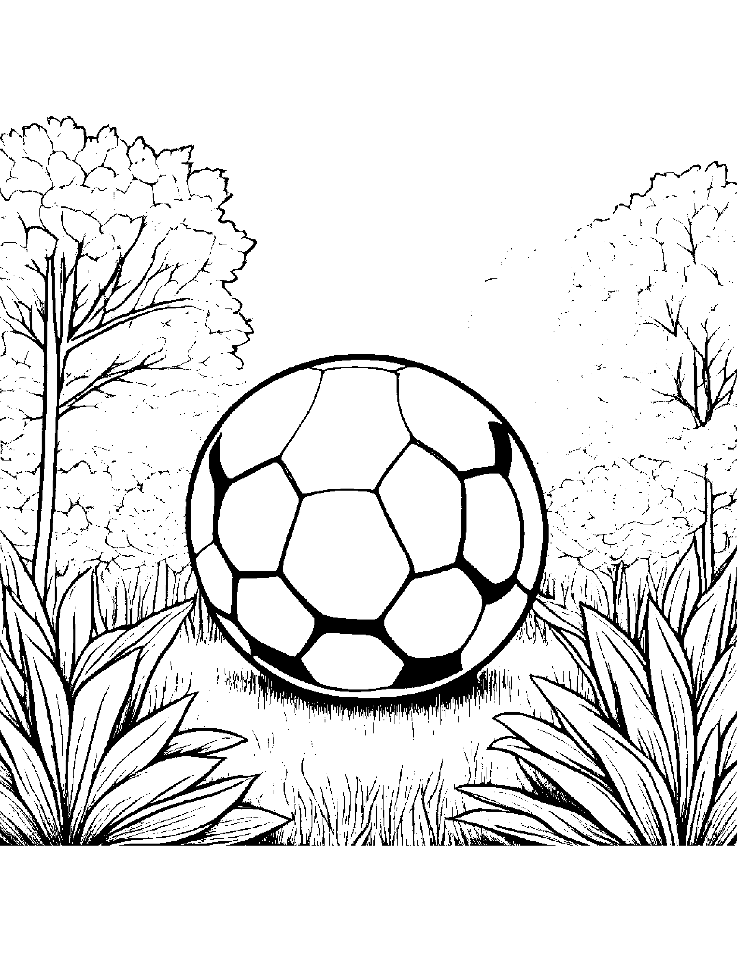 Quiet Soccer Ball In A Cozy Garden Coloring Page (Free Printable PDF)